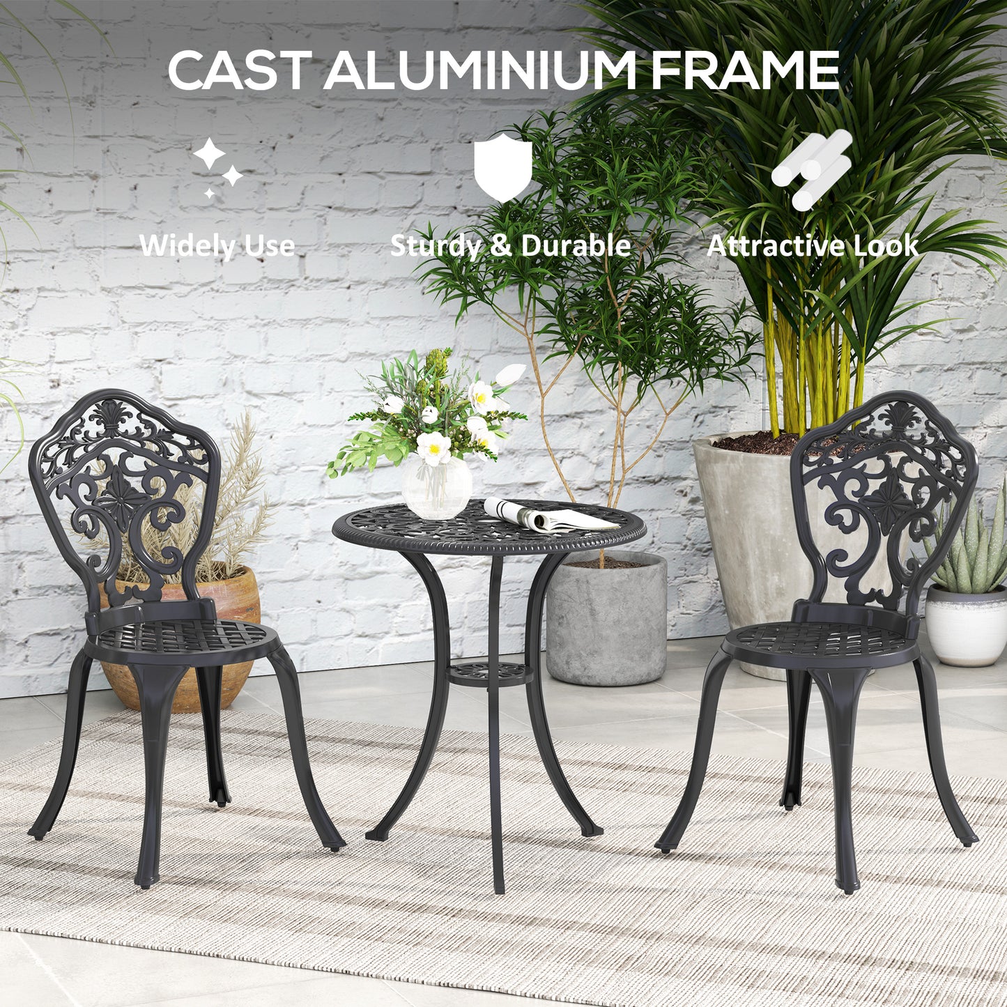 3 PCs Cast Aluminium Bistro Set w/ Parasol Hole for Balcony, Black