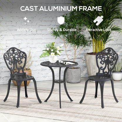 3 PCs Cast Aluminium Bistro Set w/ Parasol Hole for Balcony, Black
