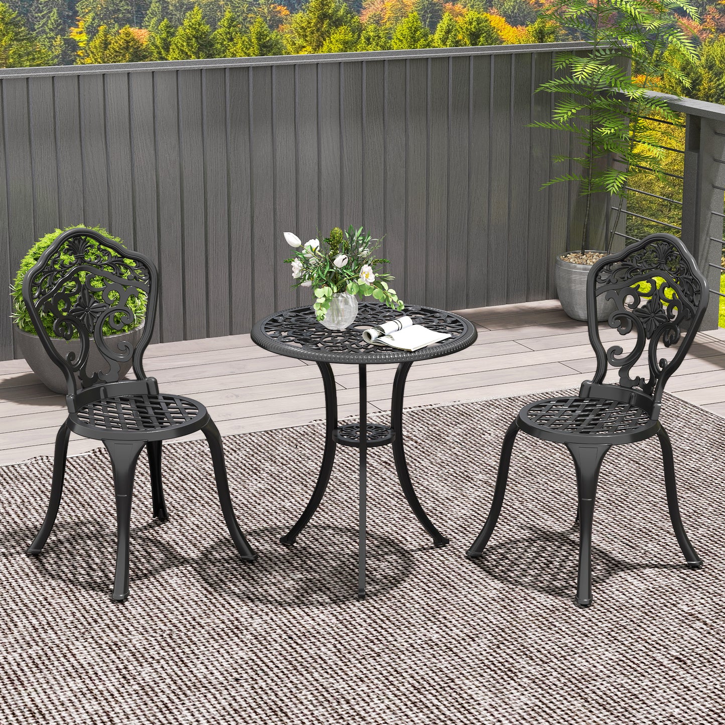 3 PCs Cast Aluminium Bistro Set w/ Parasol Hole for Balcony, Black