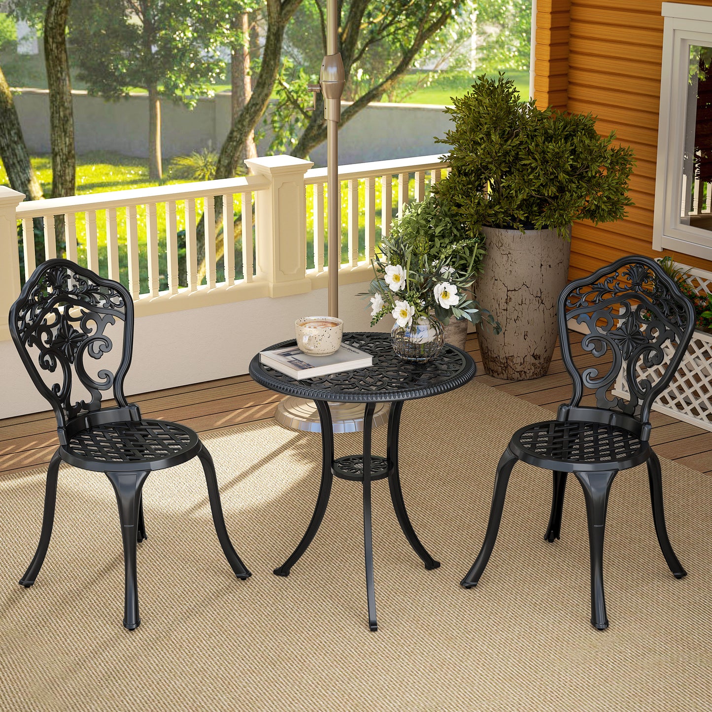 3 PCs Cast Aluminium Bistro Set w/ Parasol Hole for Balcony, Black