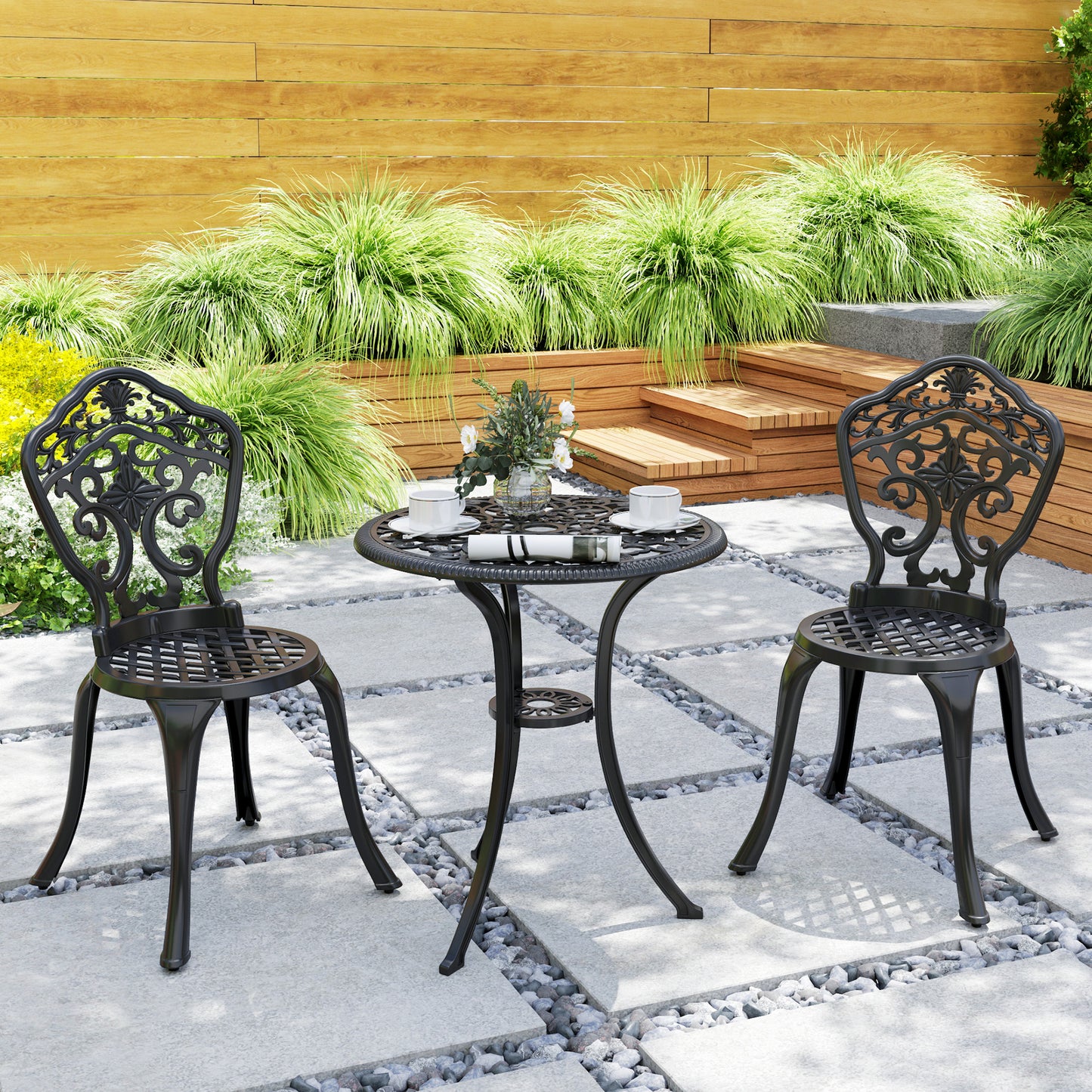 3 PCs Cast Aluminium Bistro Set w/ Parasol Hole for Balcony, Black