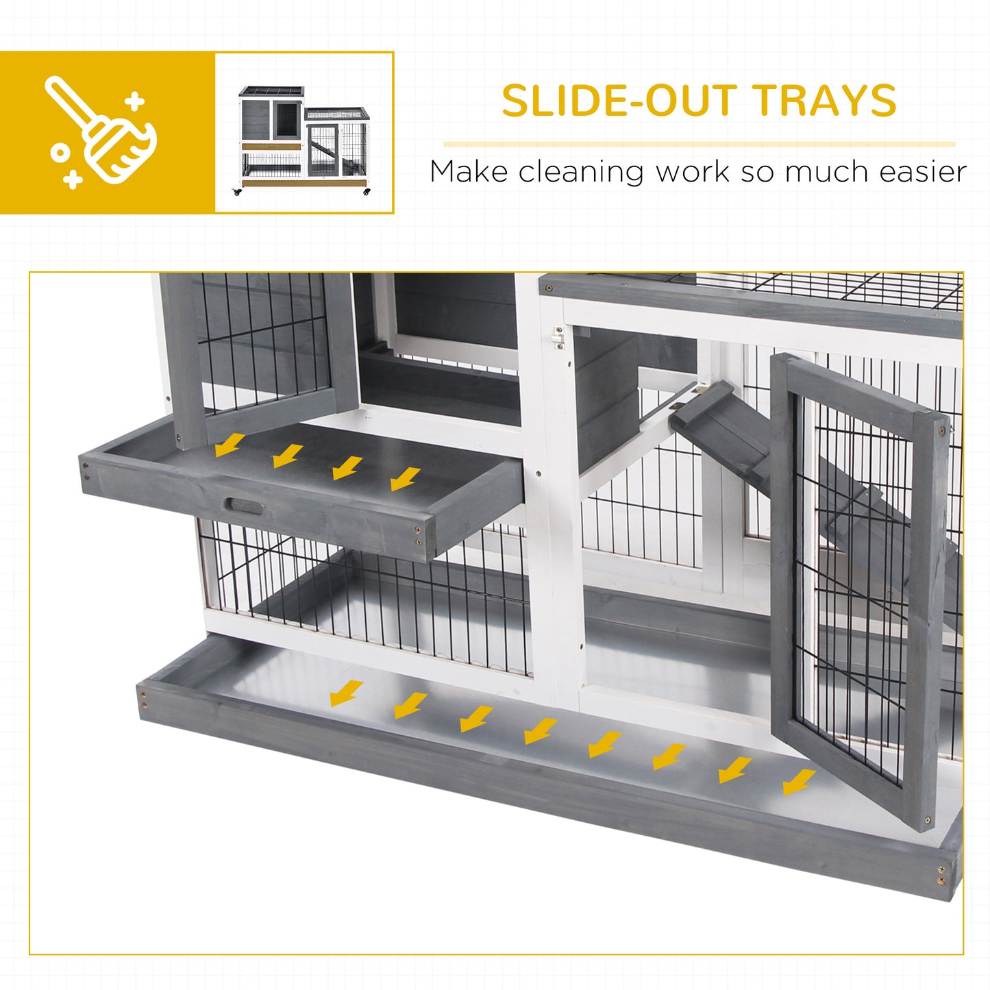 Wooden Indoor Rabbit Hutch Guinea Pig House Bunny Small Animal Cage W/ Wheels Enclosed Run 110 x 50 x 86 cm, Grey