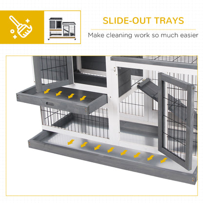 Wooden Indoor Rabbit Hutch Guinea Pig House Bunny Small Animal Cage W/ Wheels Enclosed Run 110 x 50 x 86 cm, Grey