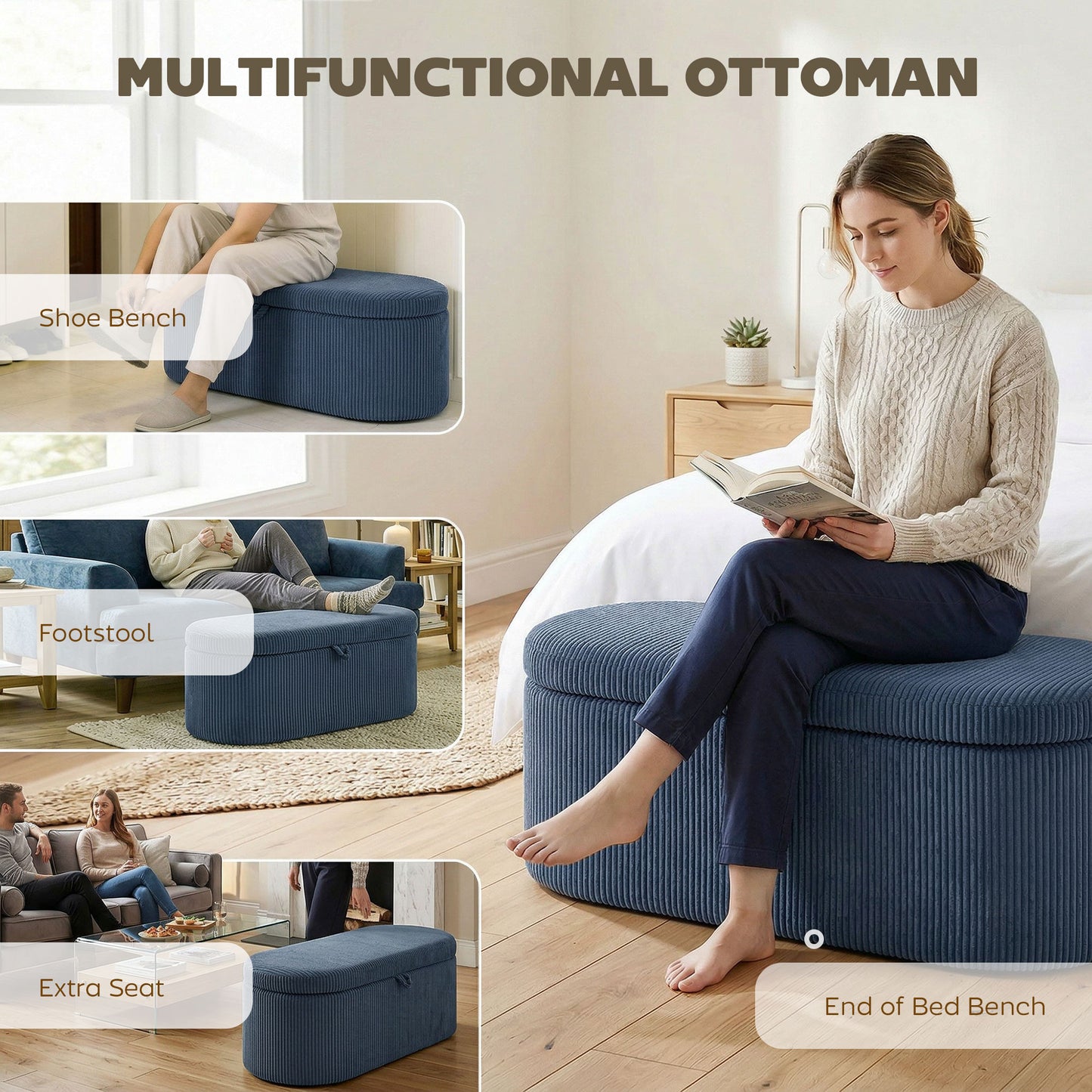 Storage Ottoman, Corduroy Ottoman Storage Box with Padded Seat, Blue