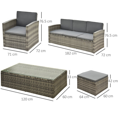 5 PCs Rattan Cushion 3-Seater Single Sofa Stool Glass Coffee Table