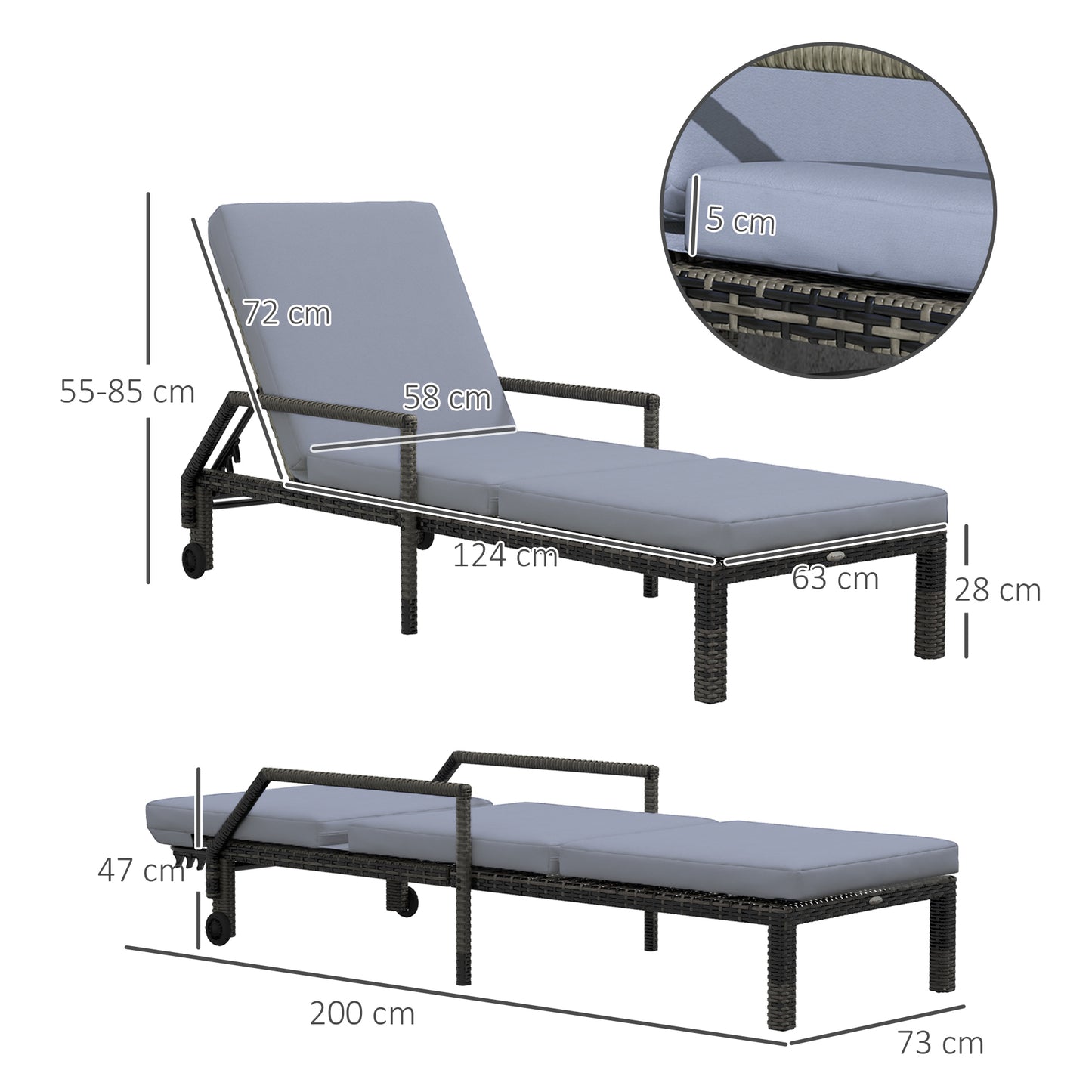 Rattan Wicker Chaise Sun Lounger Garden w/ Adjustable Backrest & Wheels