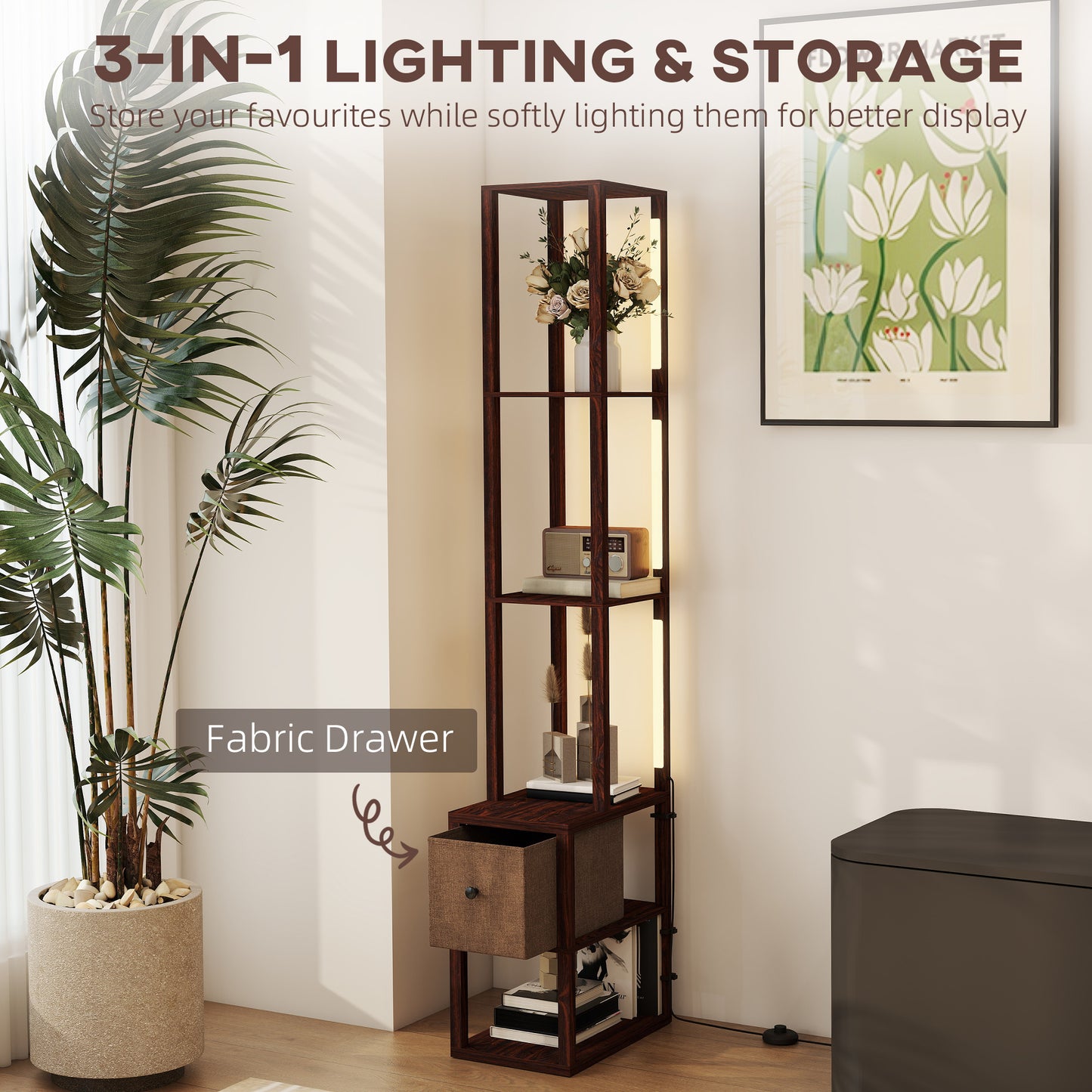 Floor Lamp with Shelves, LED Standing Lamp with Fabric Drawer, Brown