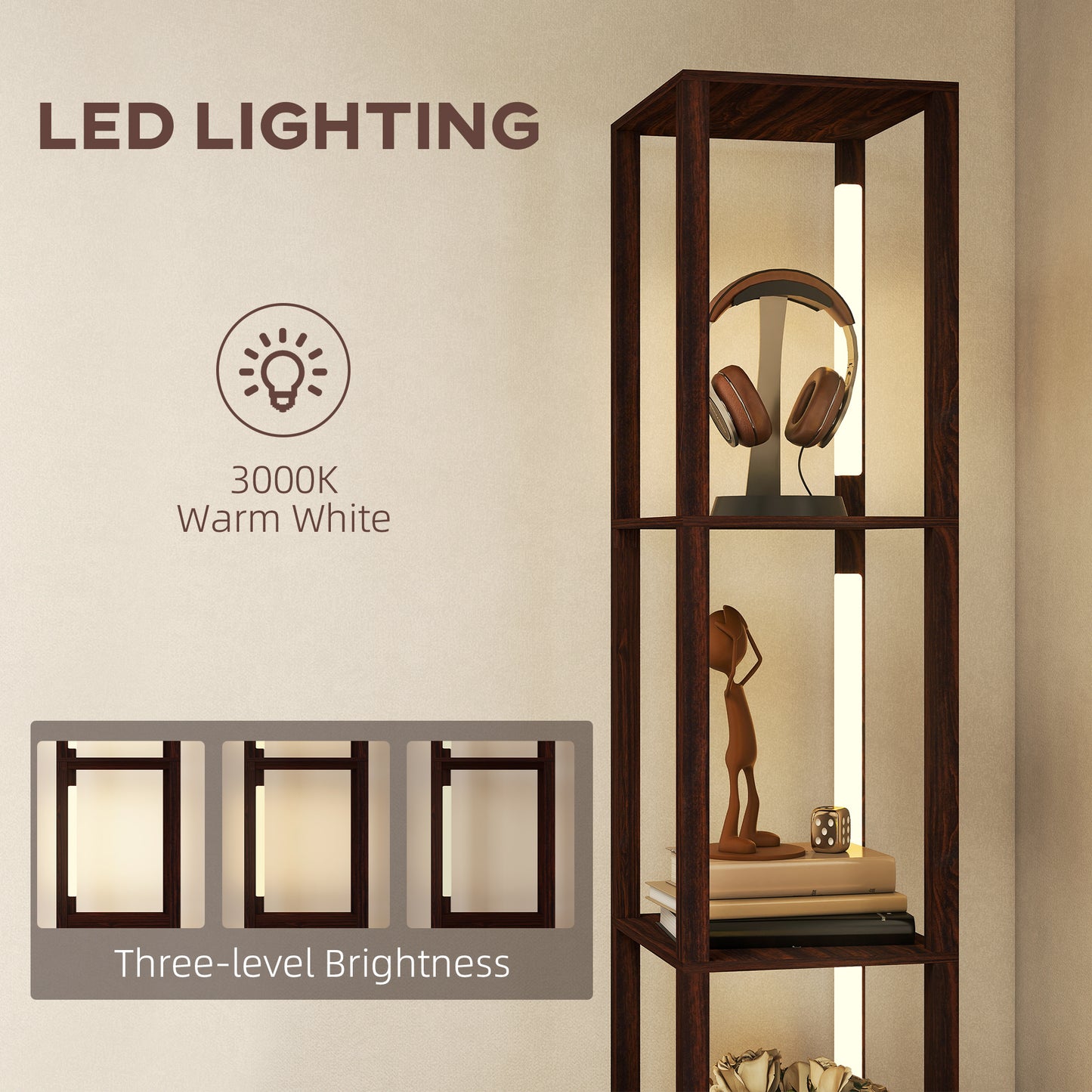 Floor Lamp with Shelves, LED Standing Lamp with Fabric Drawer, Brown
