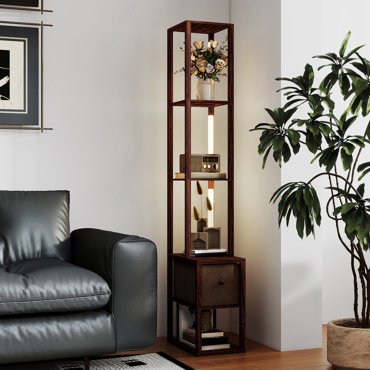 Floor Lamp with Shelves, LED Standing Lamp with Fabric Drawer, Brown