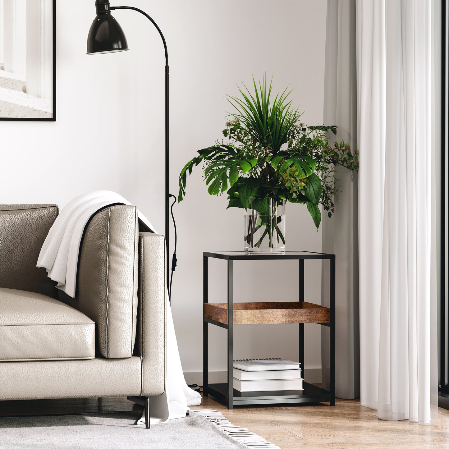 Industrial Side Table with 3-tier Storage Shelves Rustic Brown