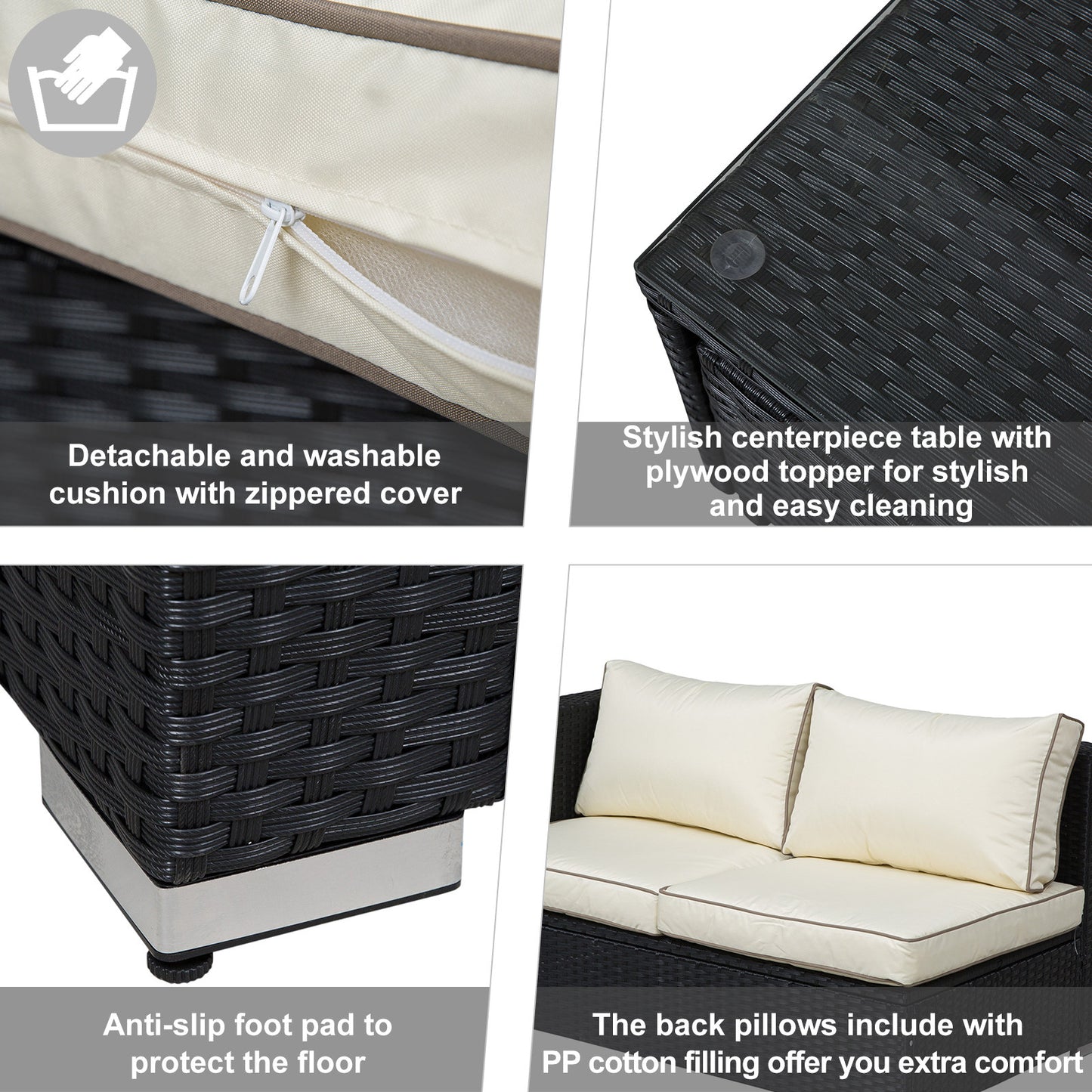 Outsunny 4 Pcs Rattan Wicker Garden Furniture Patio Sofa Storage & Table Set w/ 2 Drawers Coffee Table,Great Cushioned 4 Seats Corner Sofa - Black