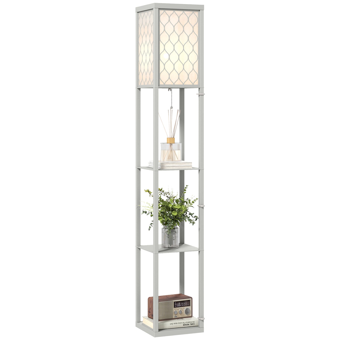 Modern Floor Lamp Light with Shelves Fabric Lampshade Light Grey