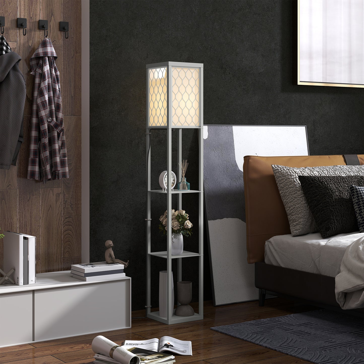 Modern Floor Lamp Light with Shelves Fabric Lampshade Light Grey