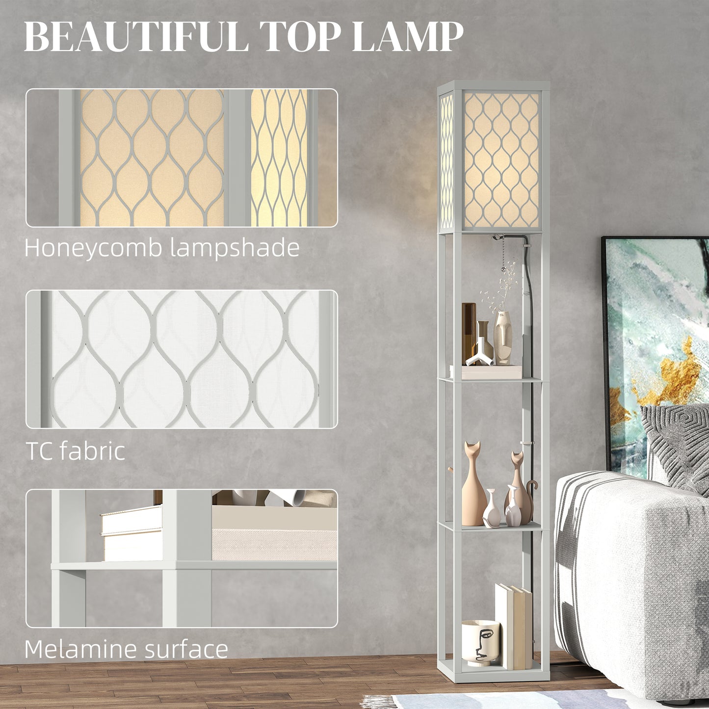 Modern Floor Lamp Light with Shelves Fabric Lampshade Light Grey