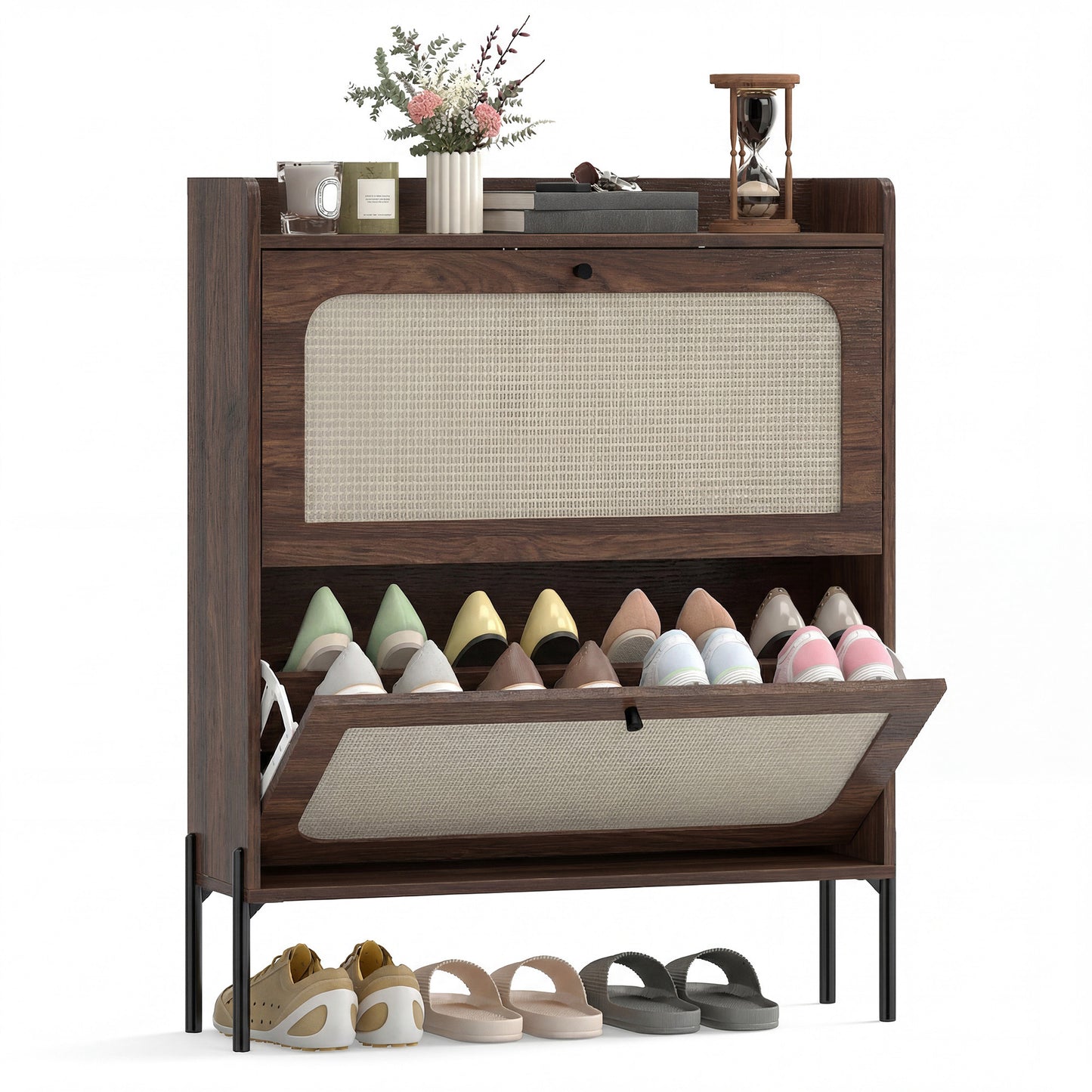 Boho Narrow Shoe Cabinet, Shoe Rack with 2 Flip Drawers, Dark Brown