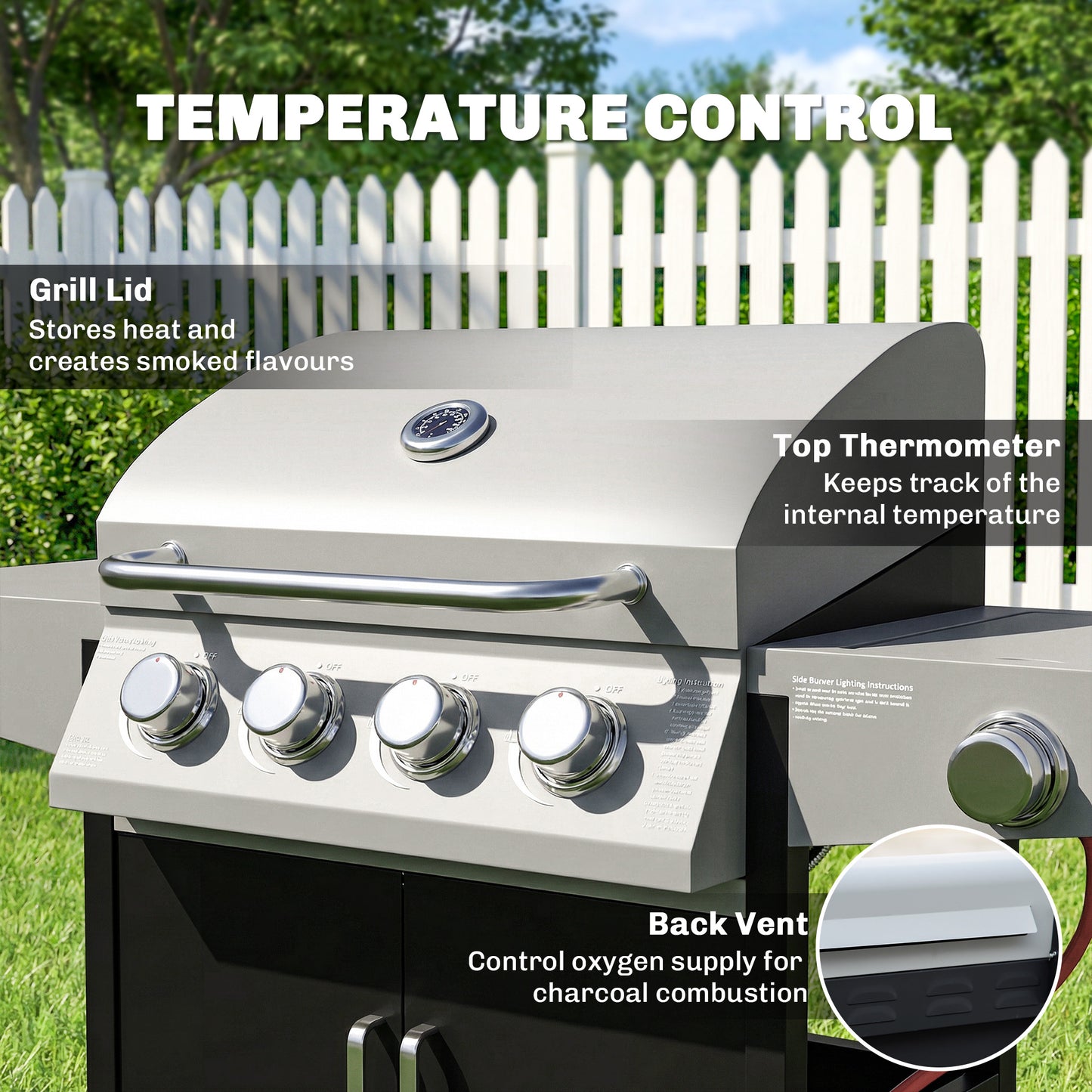 4+1 Burner Gas BBQ Grill with Side Burner, 50000 BTU Gas Grill