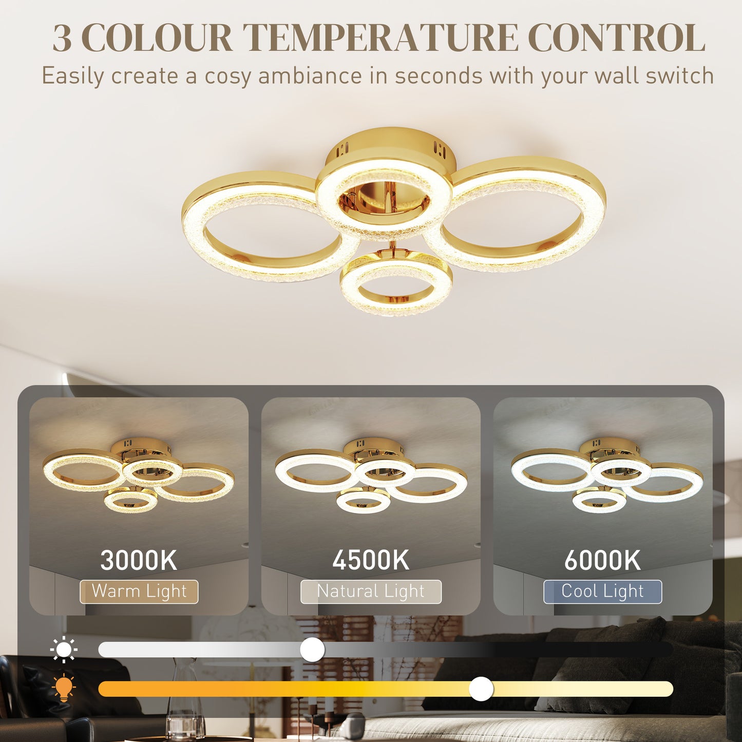 Modern 4-Ring Flush Mount Ceiling Light, LED Ceiling Light, Gold