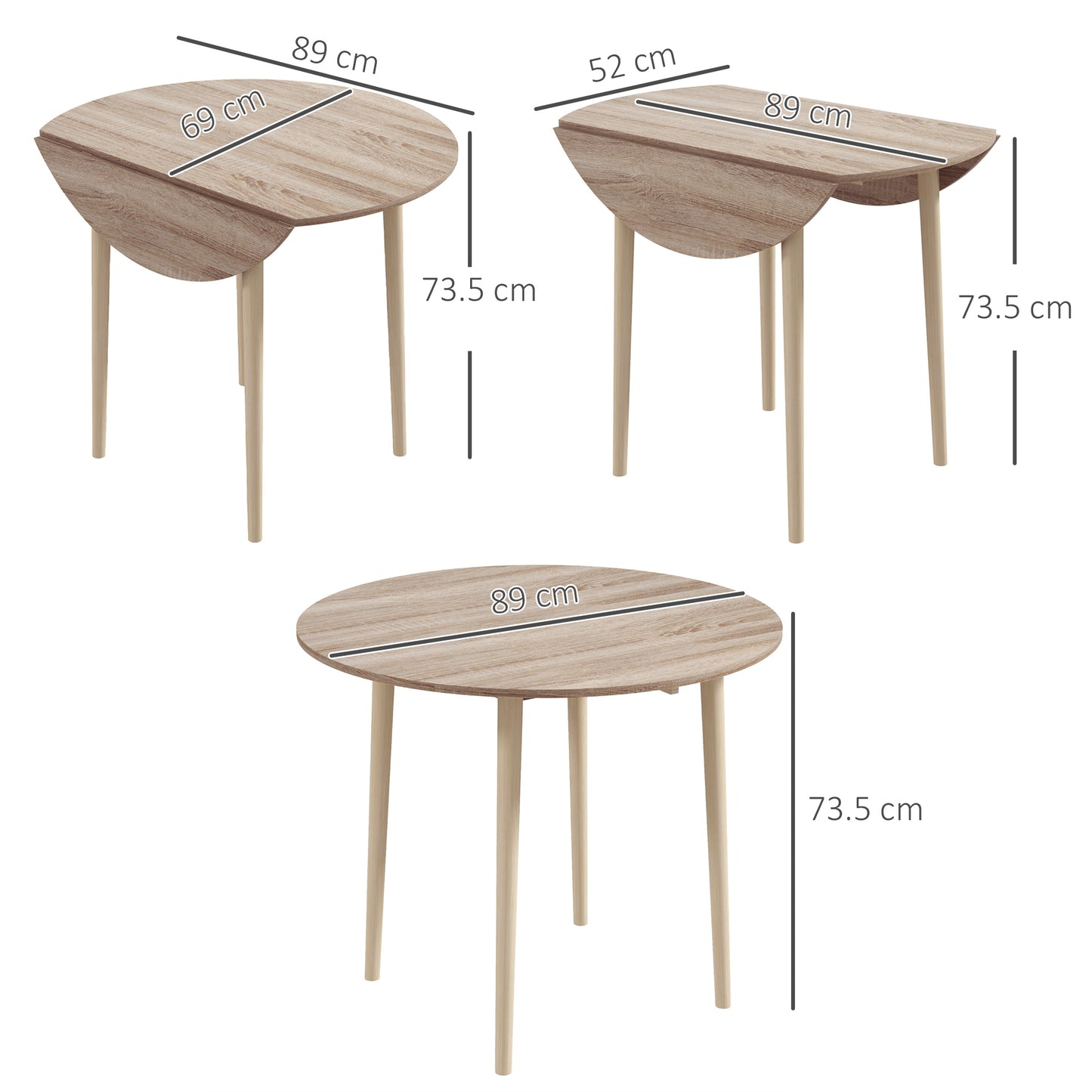 Foldable Dining Table, Round Drop Leaf Table, Wood Legs, Natural