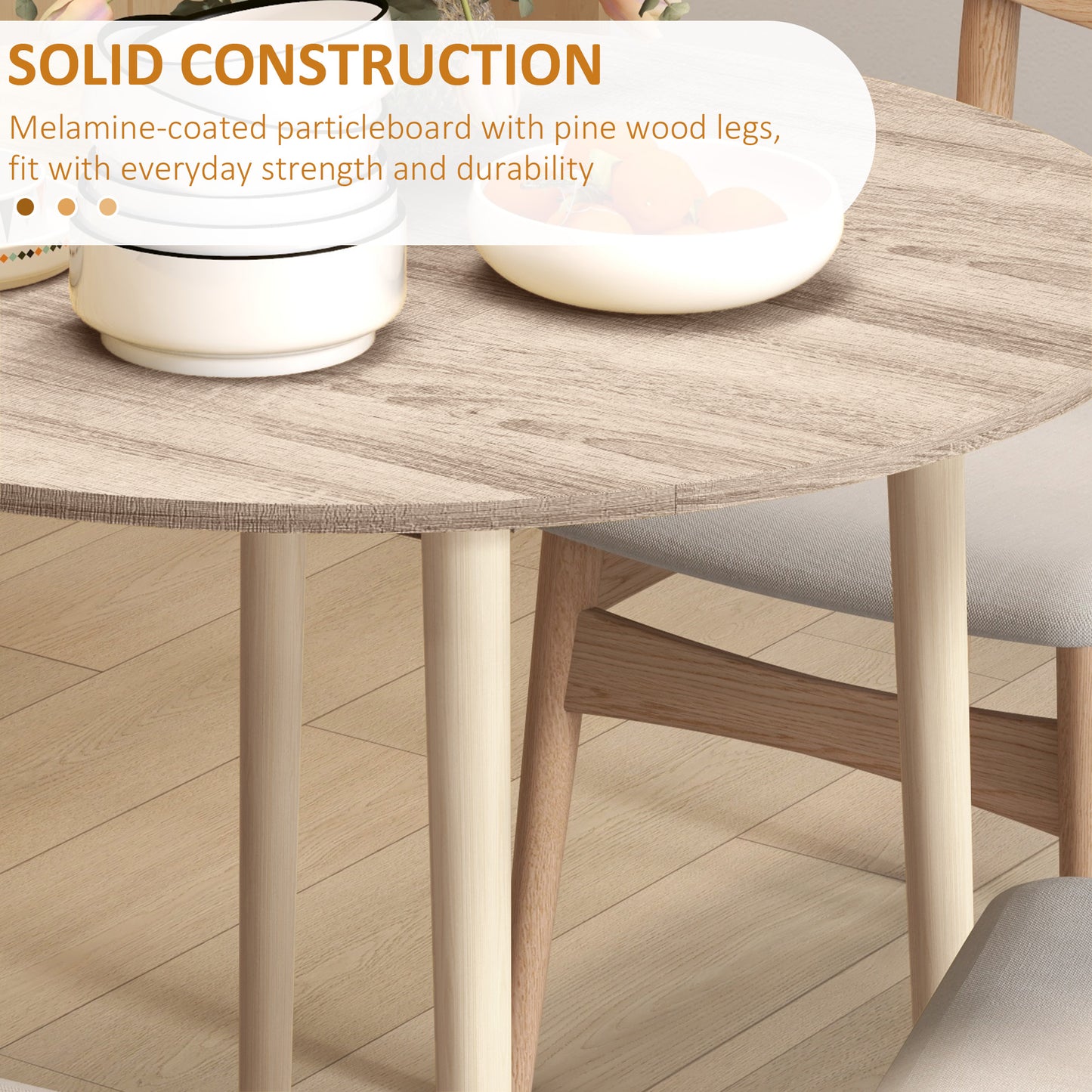 Foldable Dining Table, Round Drop Leaf Table, Wood Legs, Natural