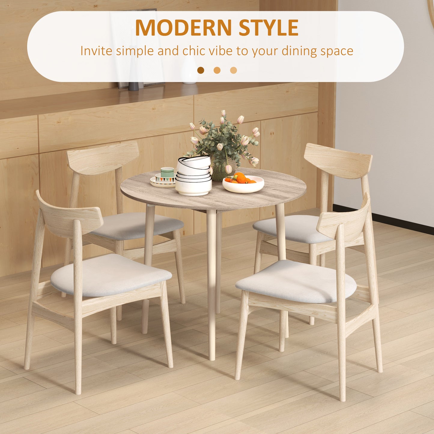 Foldable Dining Table, Round Drop Leaf Table, Wood Legs, Natural
