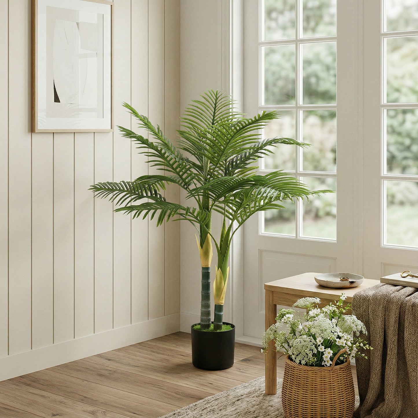 120cm Artificial Palm Tree with 14 PEVA Leaves in Pot, Decorative Artificial Plant with UV-resistant and Moss Effect, Fake Plant for Home Office Decor, Green