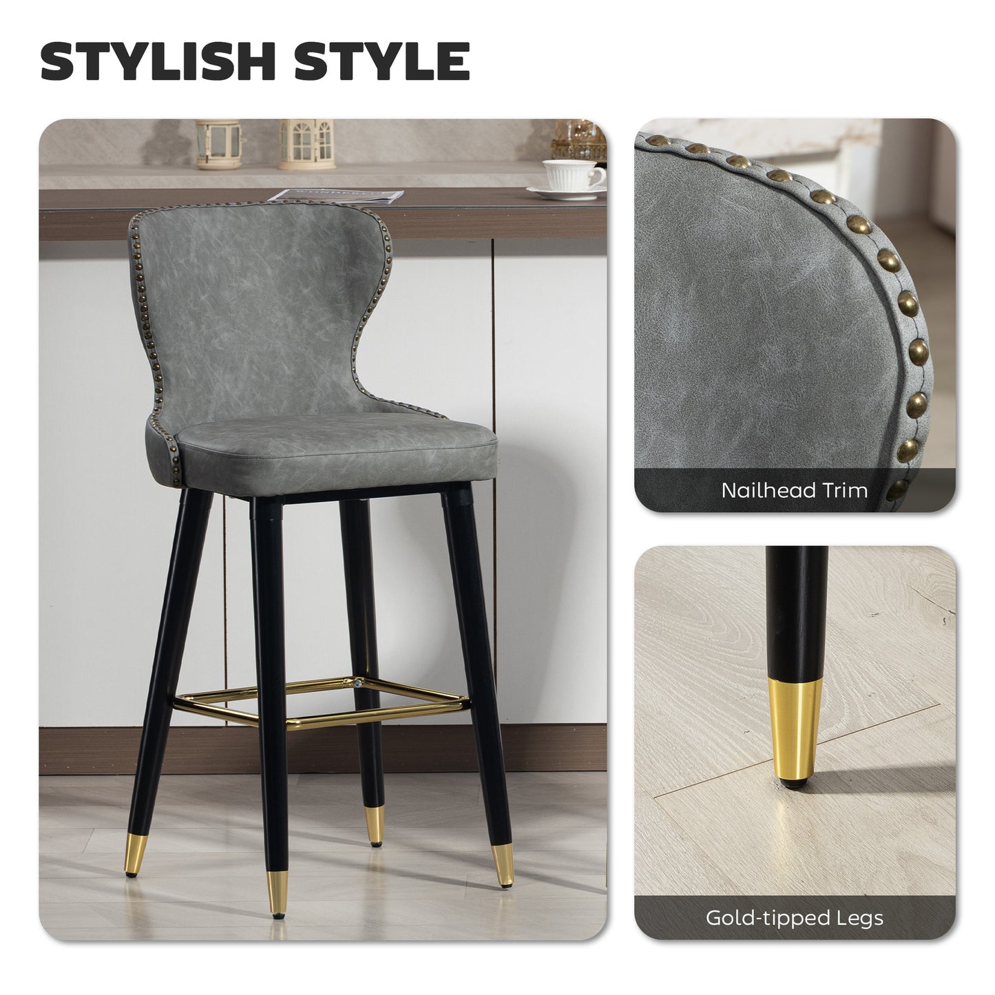 Bar Stools Set of 2, Dining Stools with Backrest, Footrest, Grey