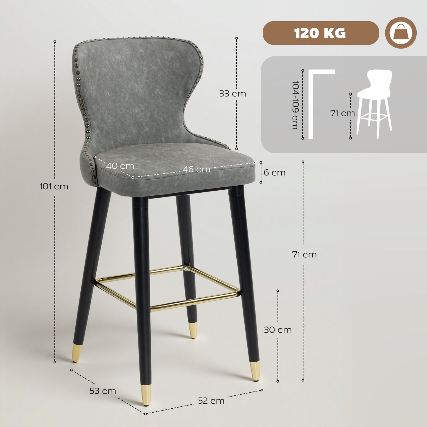 Bar Stools Set of 2, Dining Stools with Backrest, Footrest, Grey