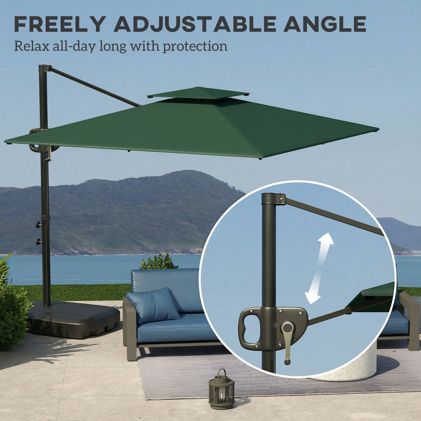 Garden Cantilever Parasol w/ Weighted Base Tilt Crank Dark Green