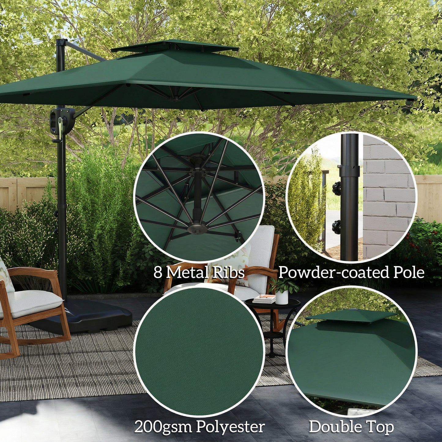 Garden Cantilever Parasol w/ Weighted Base Tilt Crank Dark Green