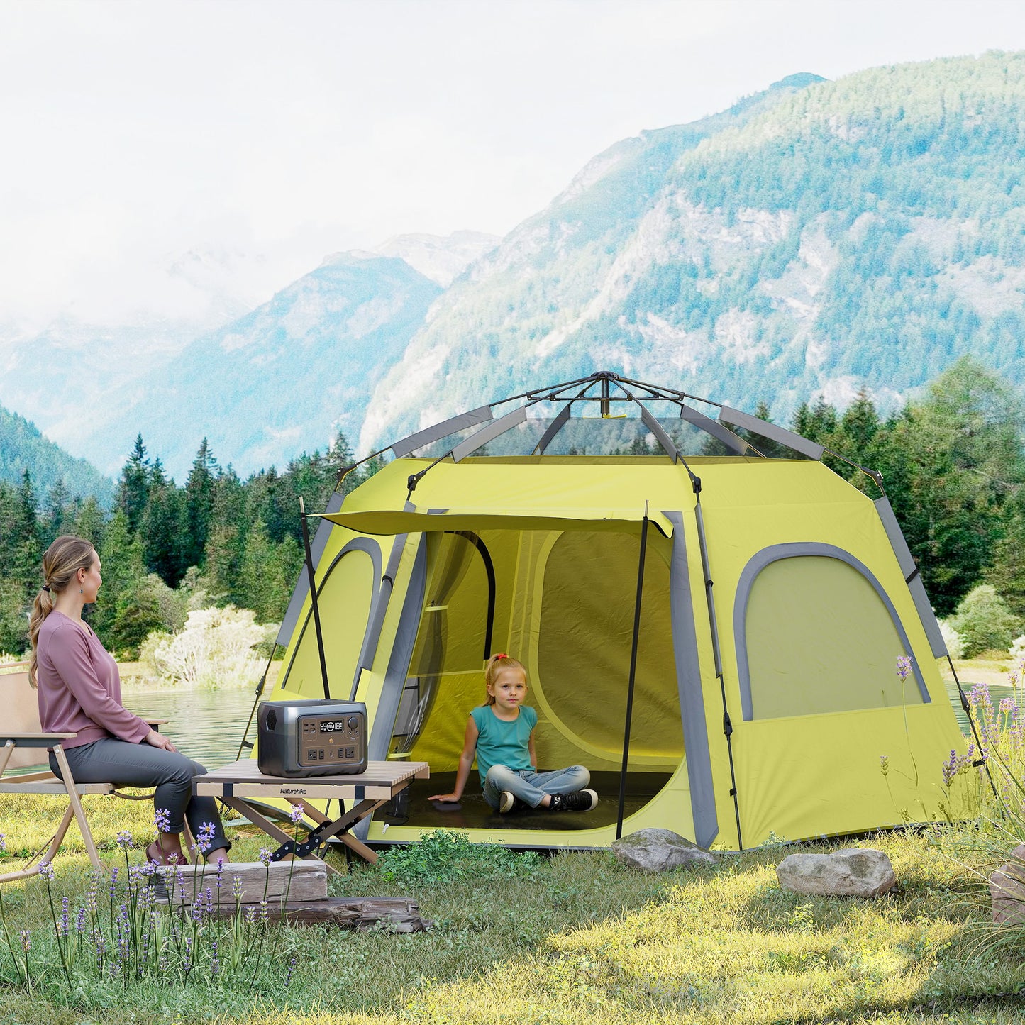 Instant Camping Tent, 4 Person Easy Setup Dome Tent, Yellow Green