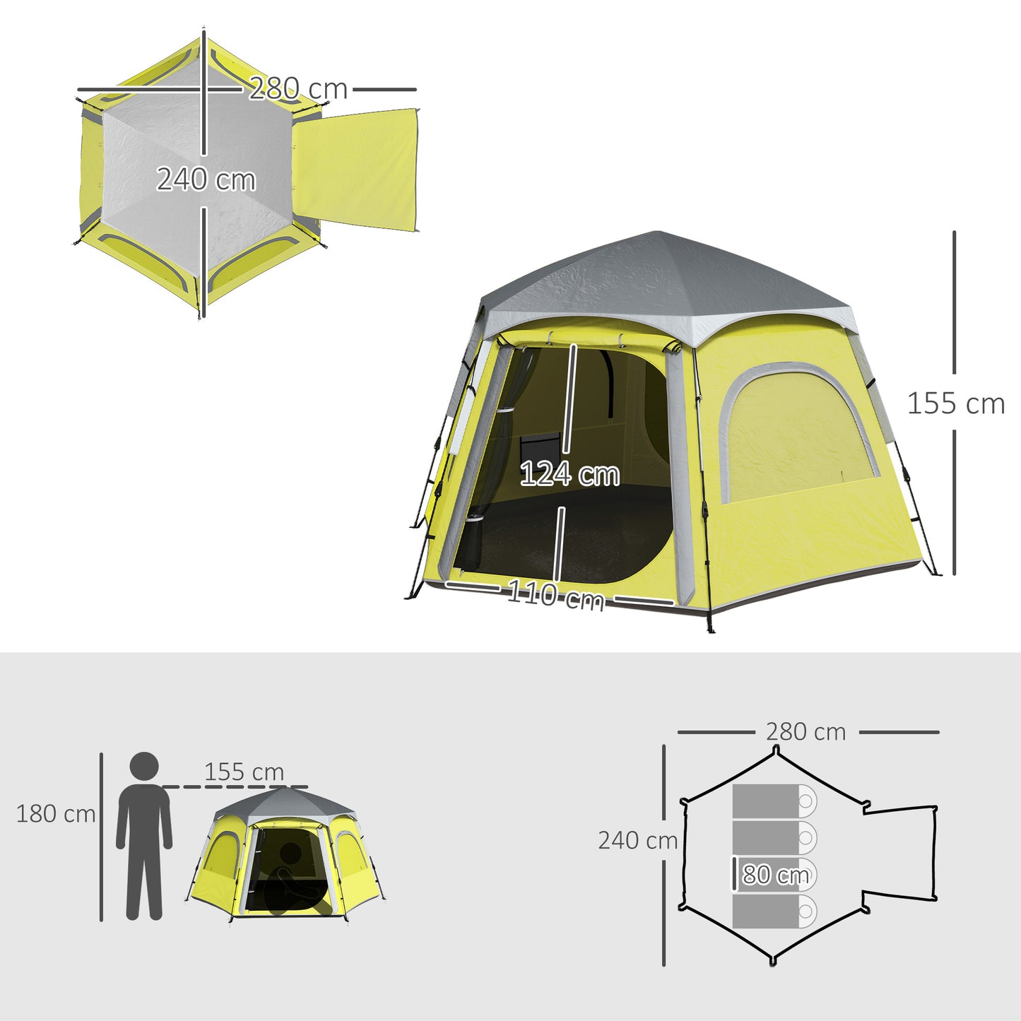 Instant Camping Tent, 4 Person Easy Setup Dome Tent, Yellow Green