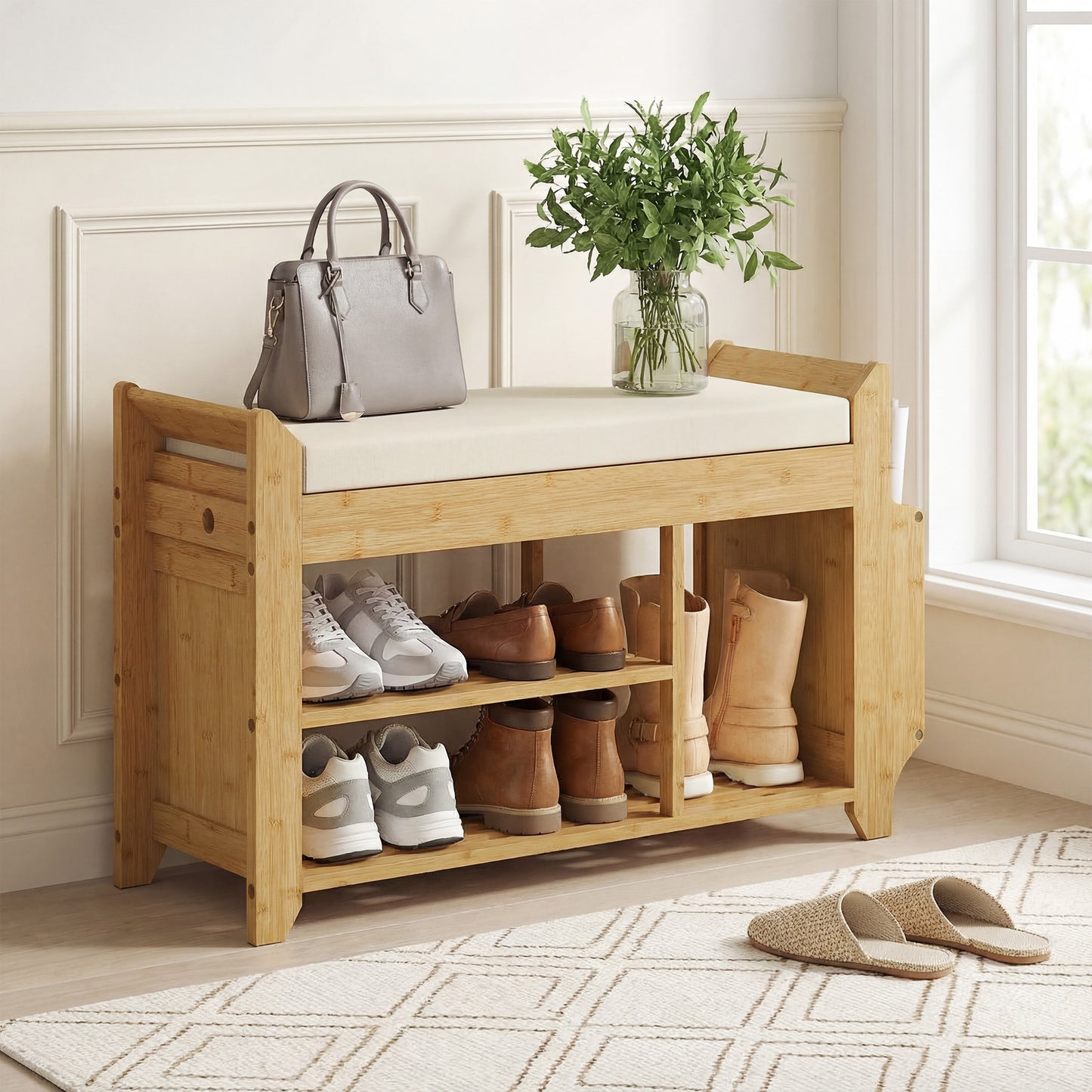 Shoe Bench with Cushioned Seat, Shoe Storage Bench with Side Holder and Boot Section, 2-Tier Natural Bamboo Entryway Rack for Hallway, Living Room, 80 x 30 x 50 cm, Natural and Cream