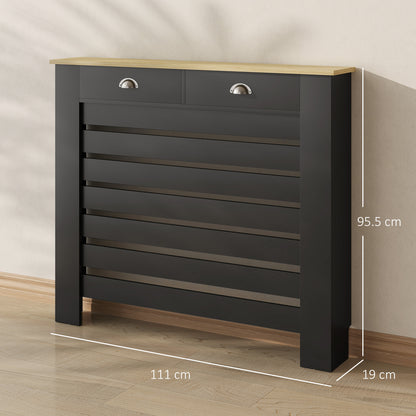 Radiator Cover with Drawer, Horizontal Slat, 111cm, Black