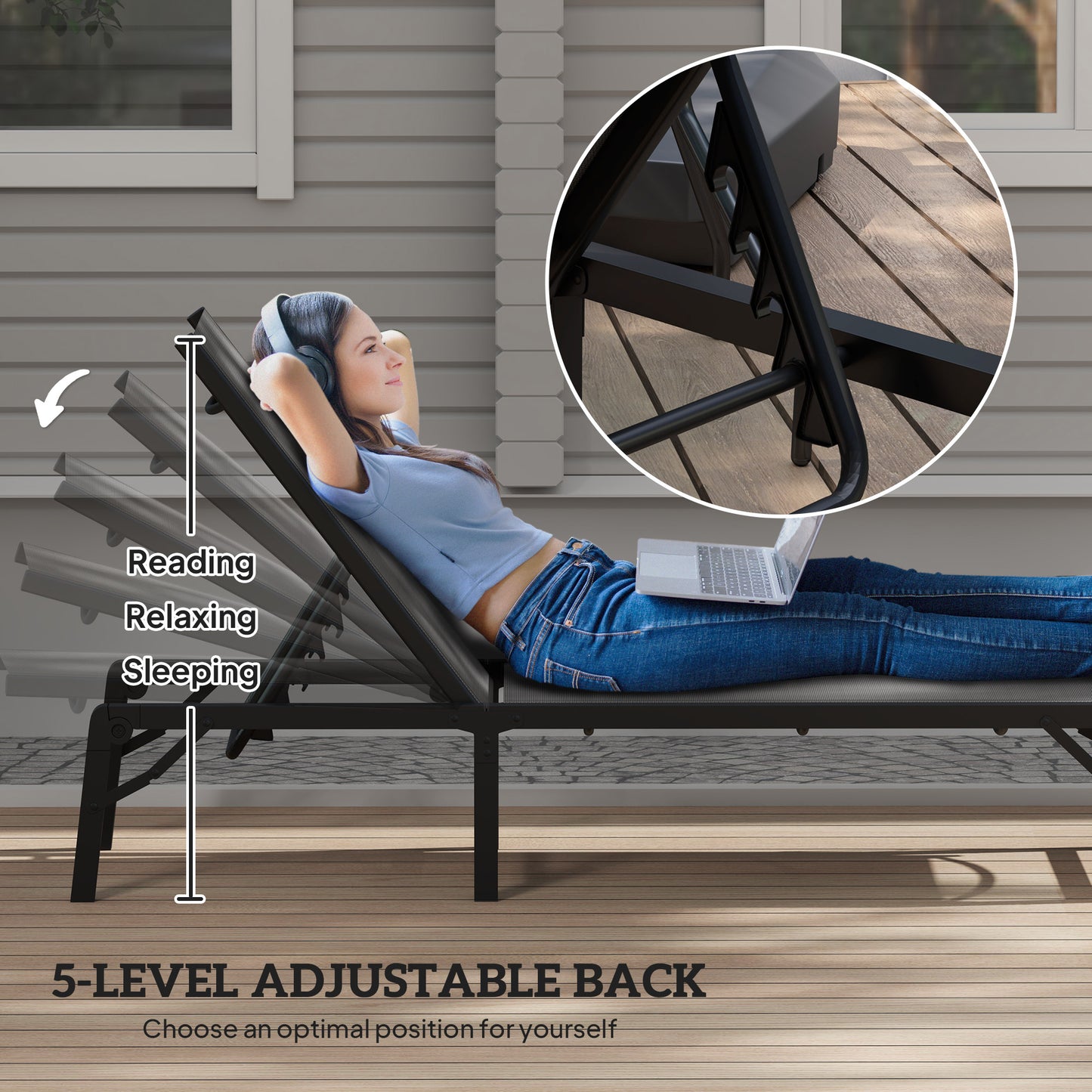 Folding Sun Lounger, 5-Position Adjustable Bed, Light Grey