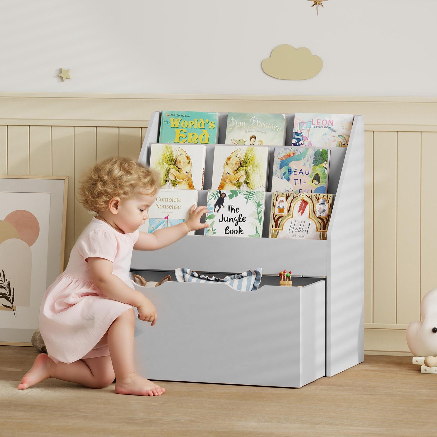 Kids Bookcase w/ 3 Tier Shelves, Drawer, for Bedroom, Nursery, Grey