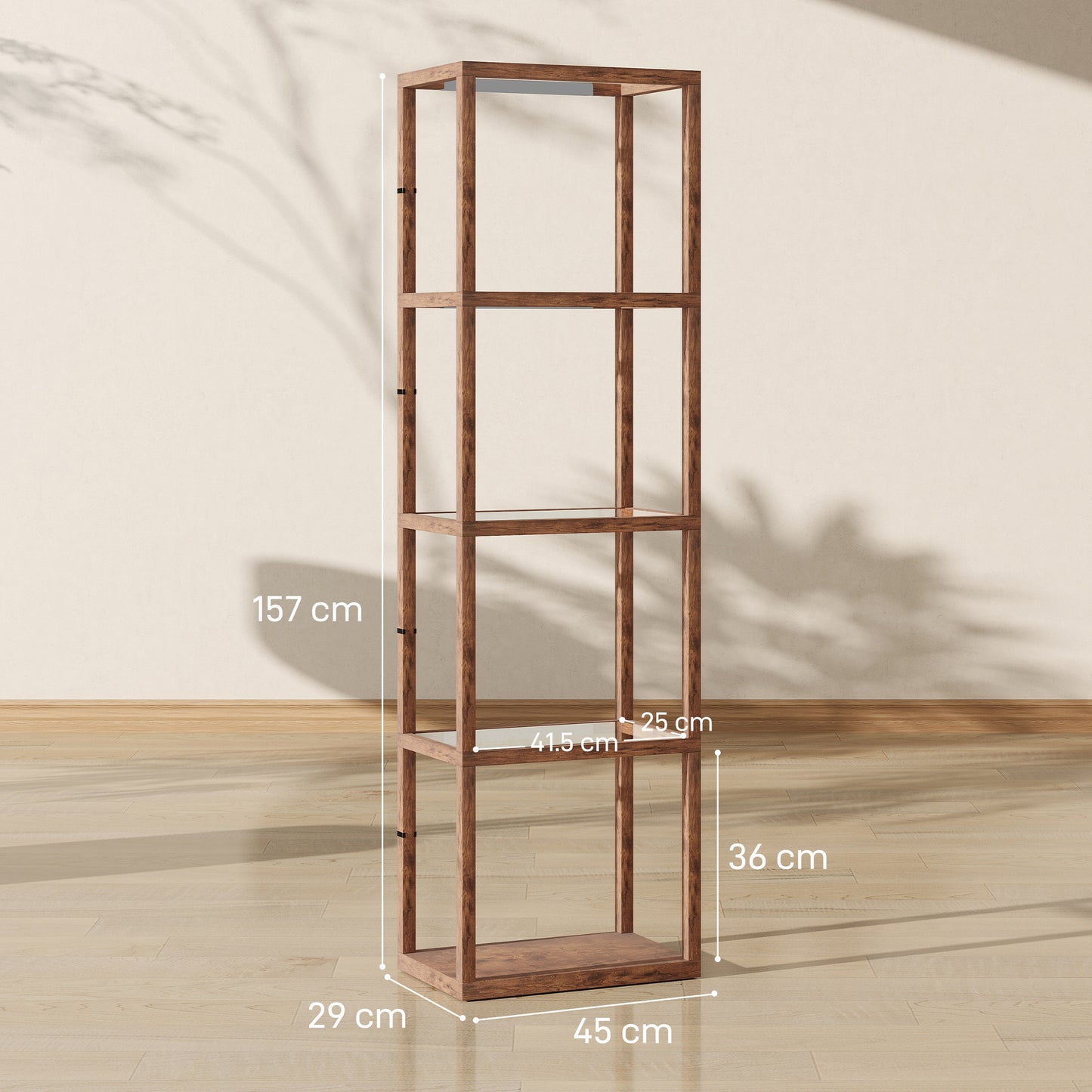LED Floor Lamp with Glass Shelves, Dimmable Room Lamp, Rustic Brown