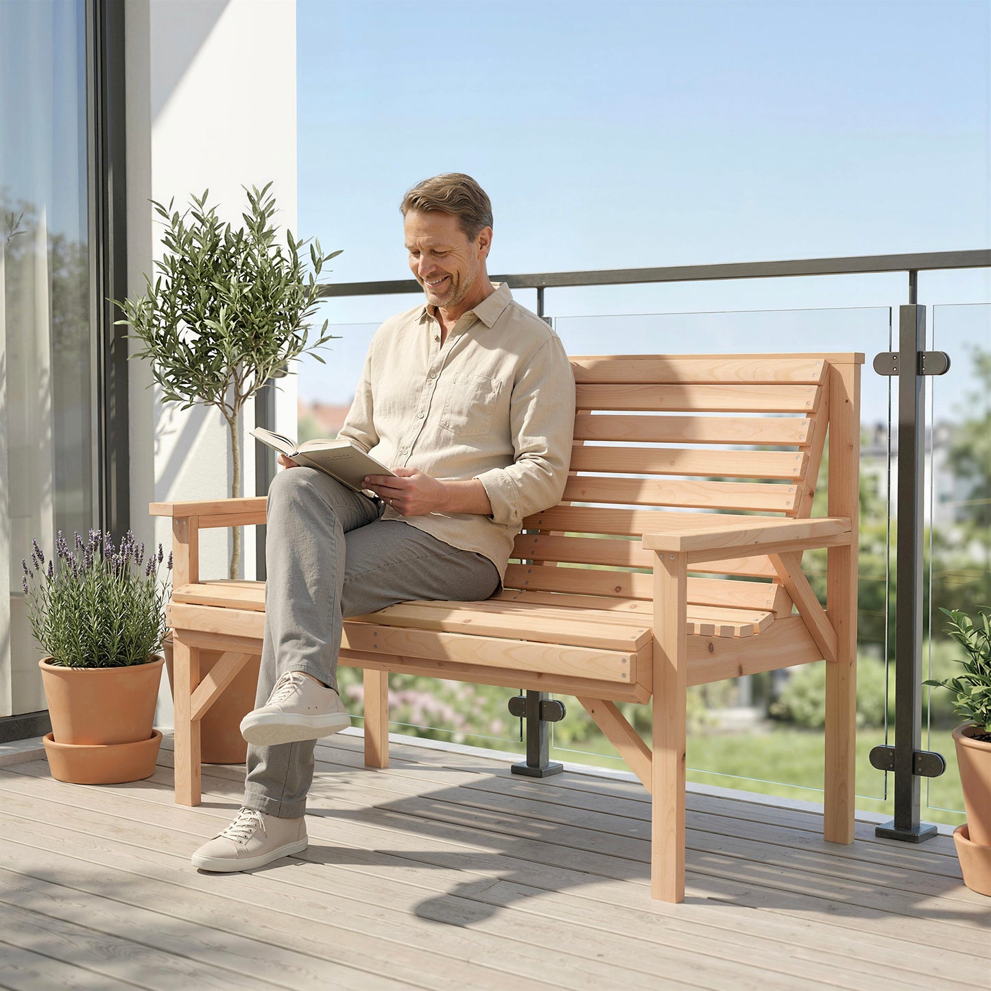 Wooden Garden Bench 2 Seater, Patio Bench for Indoor Outdoor