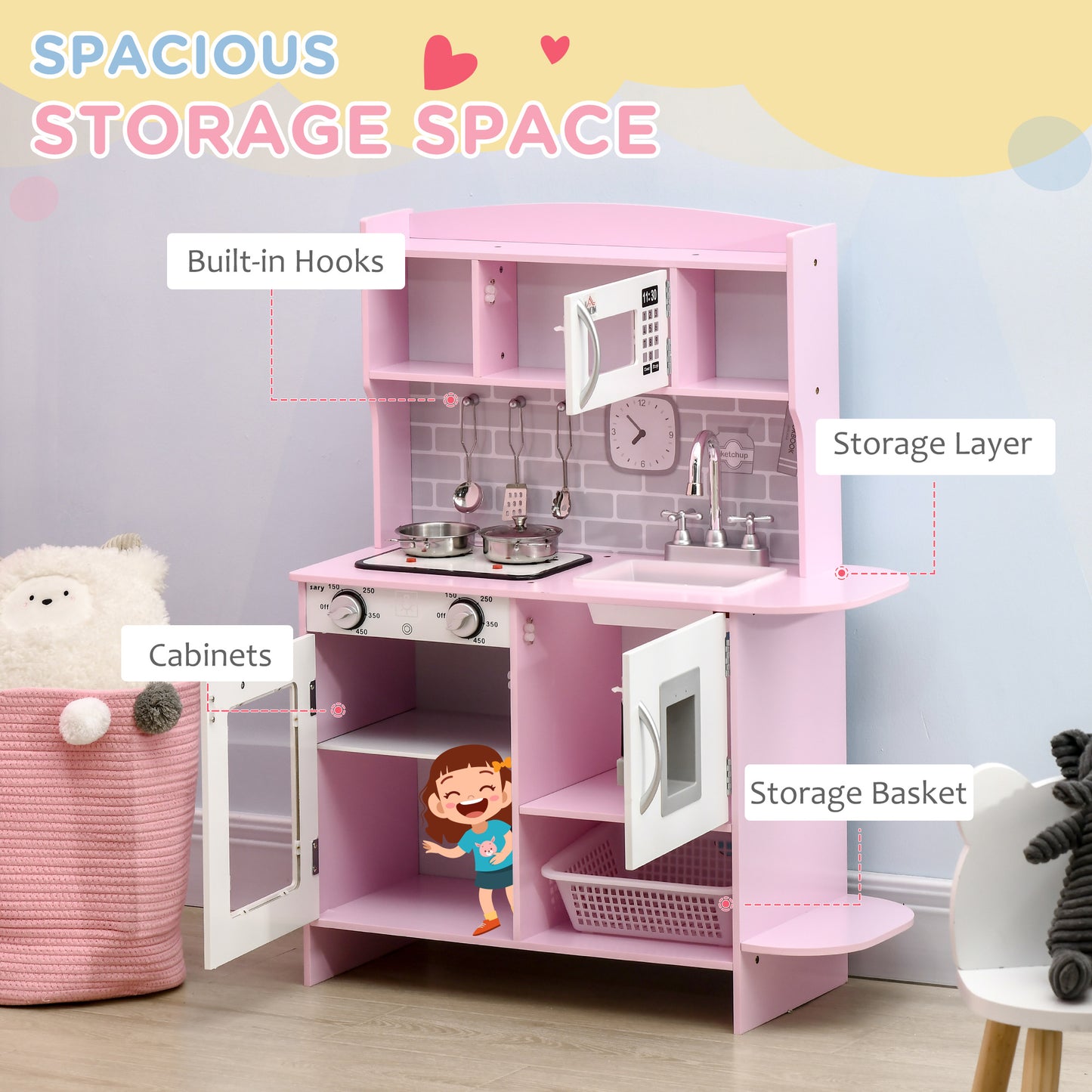 Kitchen Set for Kids W/ Lights Sounds, Microwave, Sink, for Aged 3-6