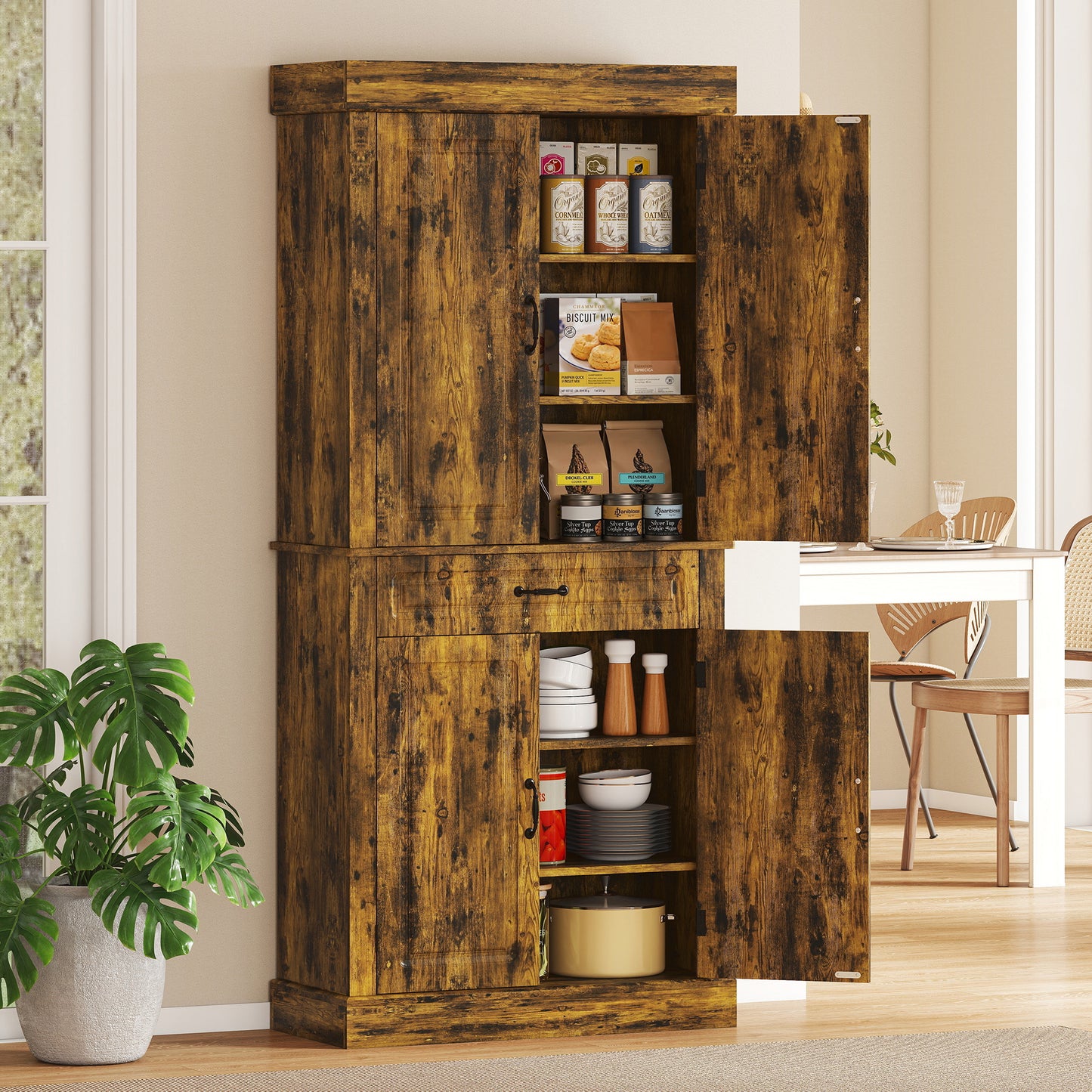 180cm Kitchen Pantry, KitchenStorage Cabinet with Shelves, Brown