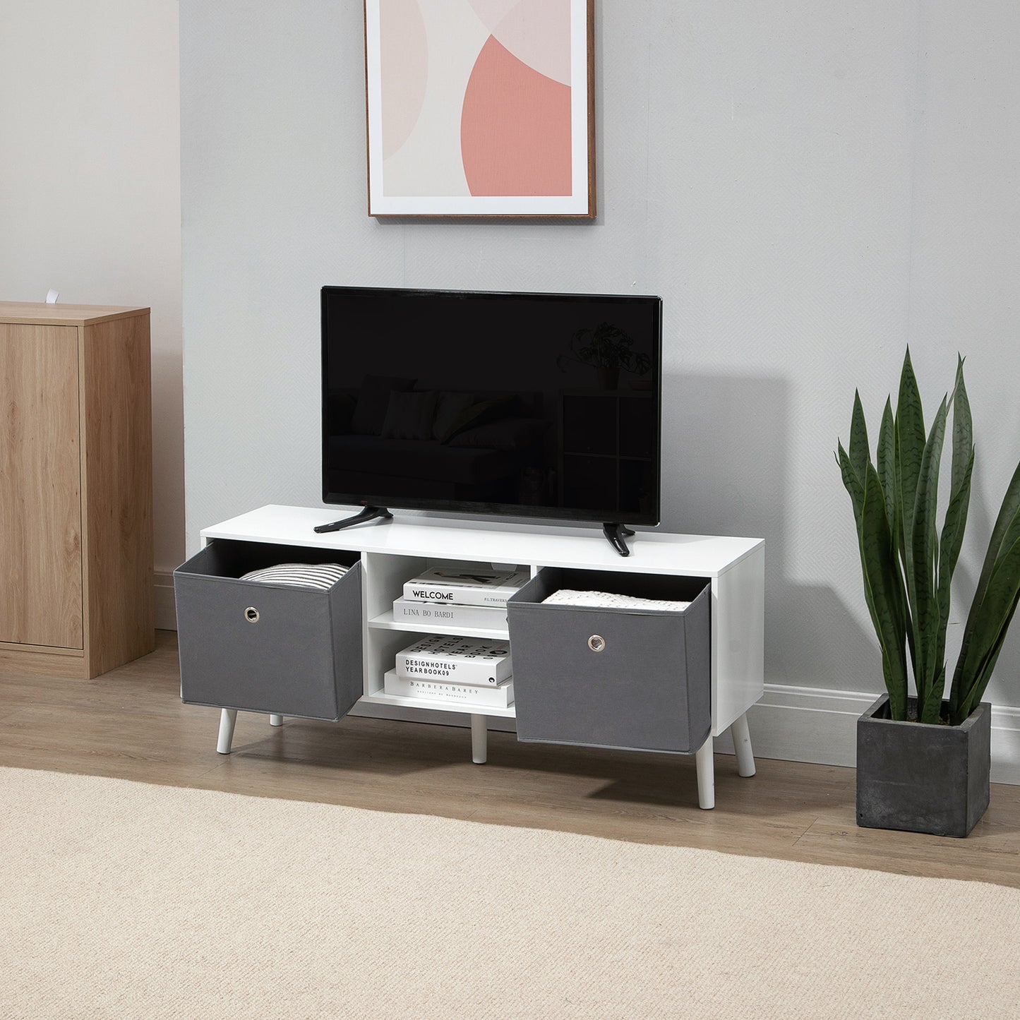 Modern TV Cabinet Stand w/ Shelves & Drawers, Bedroom White & Grey