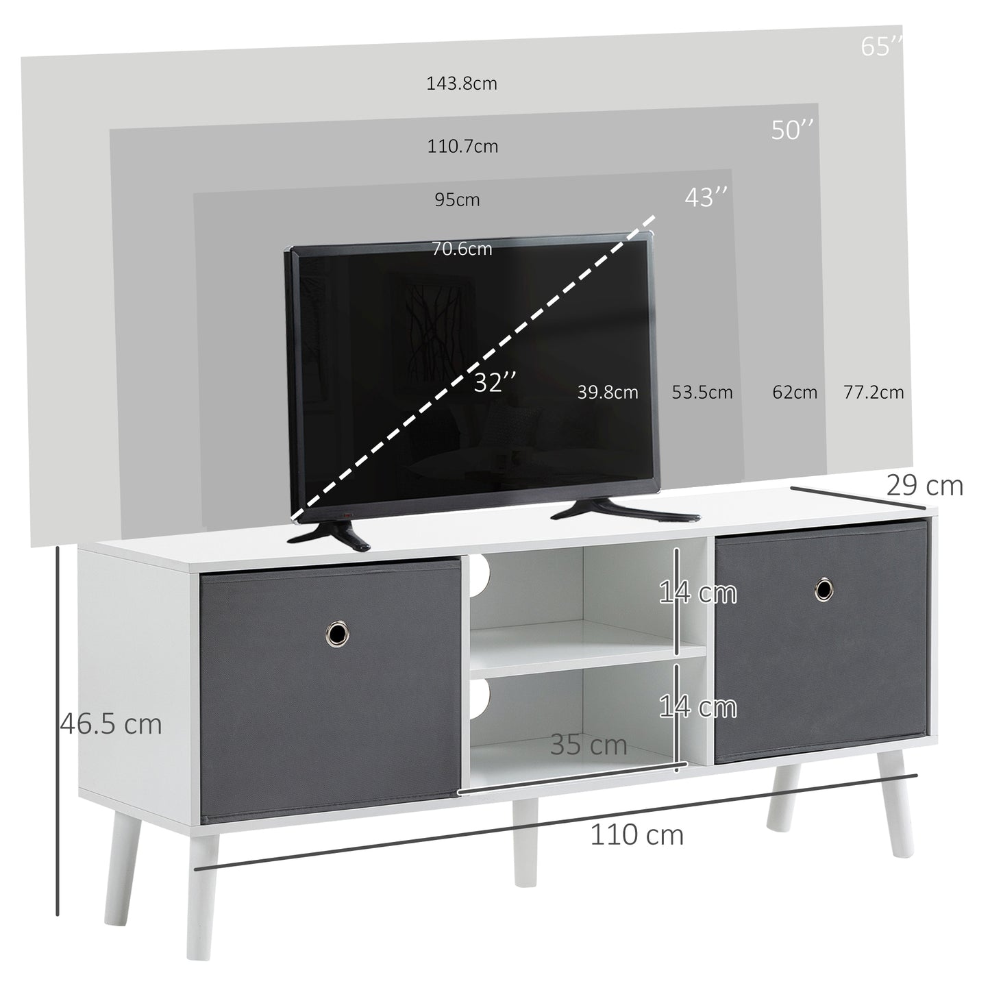 Modern TV Cabinet Stand w/ Shelves & Drawers, Bedroom White & Grey