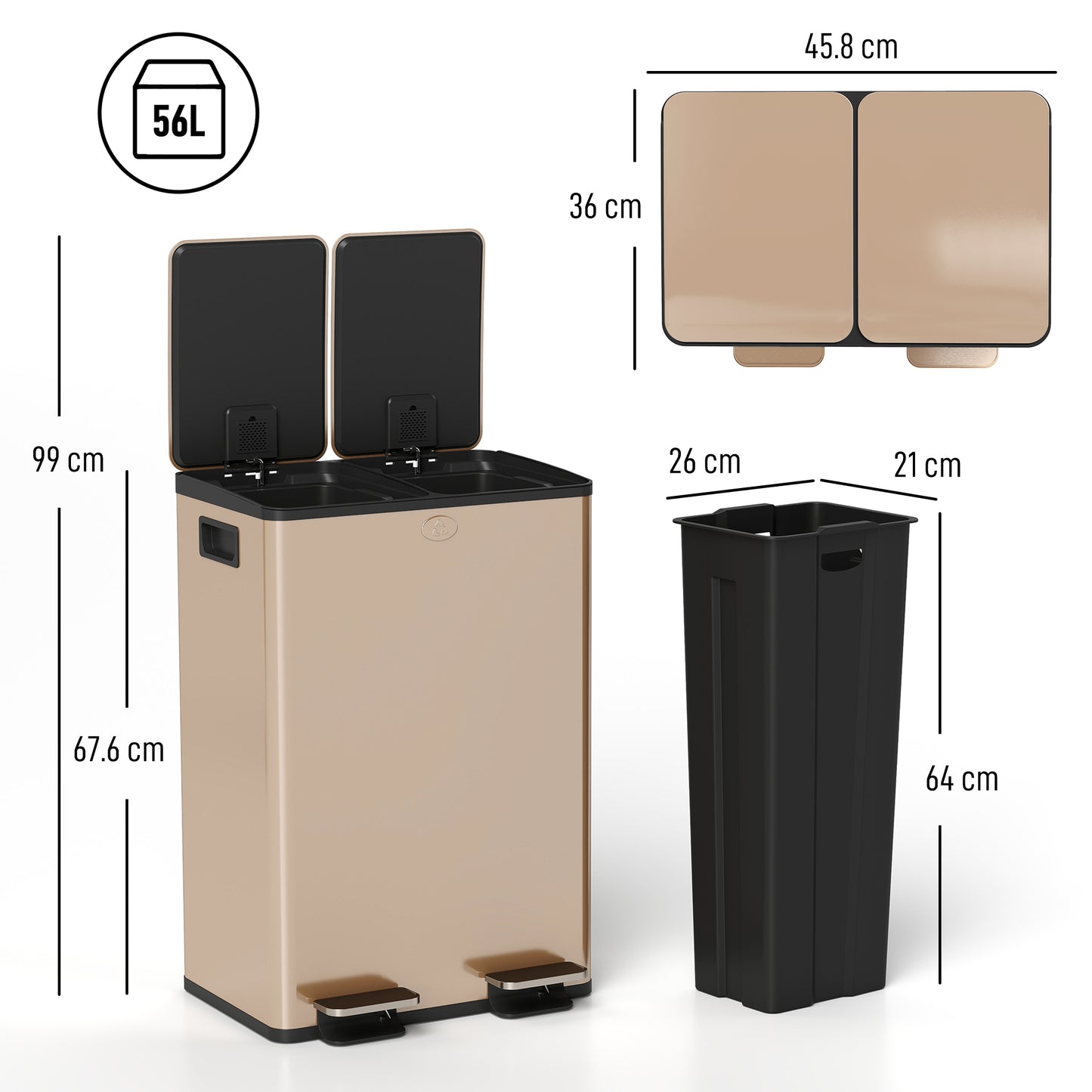 2 x 28L Dual Kitchen Bin Pedal Bin for Recycling and Waste, Gold Tone