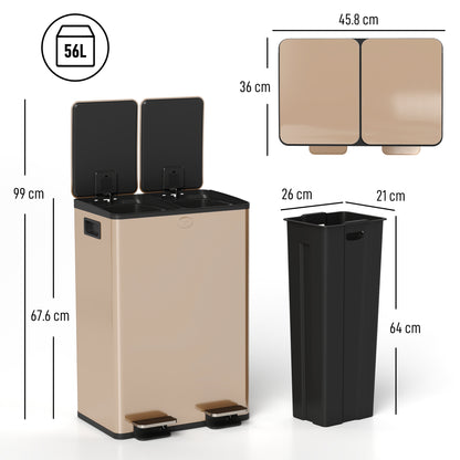 2 x 28L Dual Kitchen Bin Pedal Bin for Recycling and Waste, Gold Tone