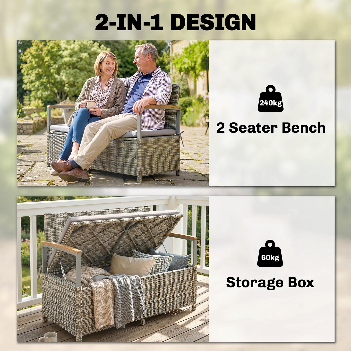 170 L Garden Storage Bench with Zipped Liner, 2 Seater PE Rattan Garden Bench with Storage, Gas Strut, Acacia Wood Top Armrests, Cushion, Patio Outdoor Benches Chest Container, Light Grey