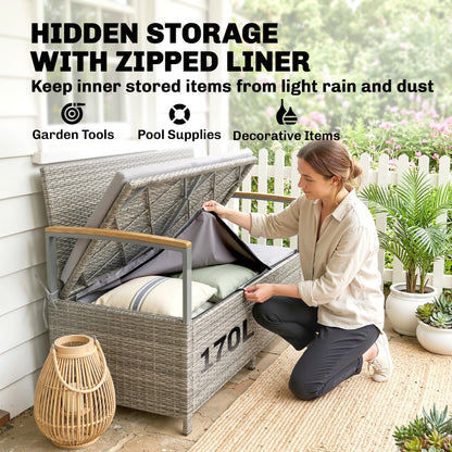 170 L Garden Storage Bench with Zipped Liner, 2 Seater PE Rattan Garden Bench with Storage, Gas Strut, Acacia Wood Top Armrests, Cushion, Patio Outdoor Benches Chest Container, Light Grey