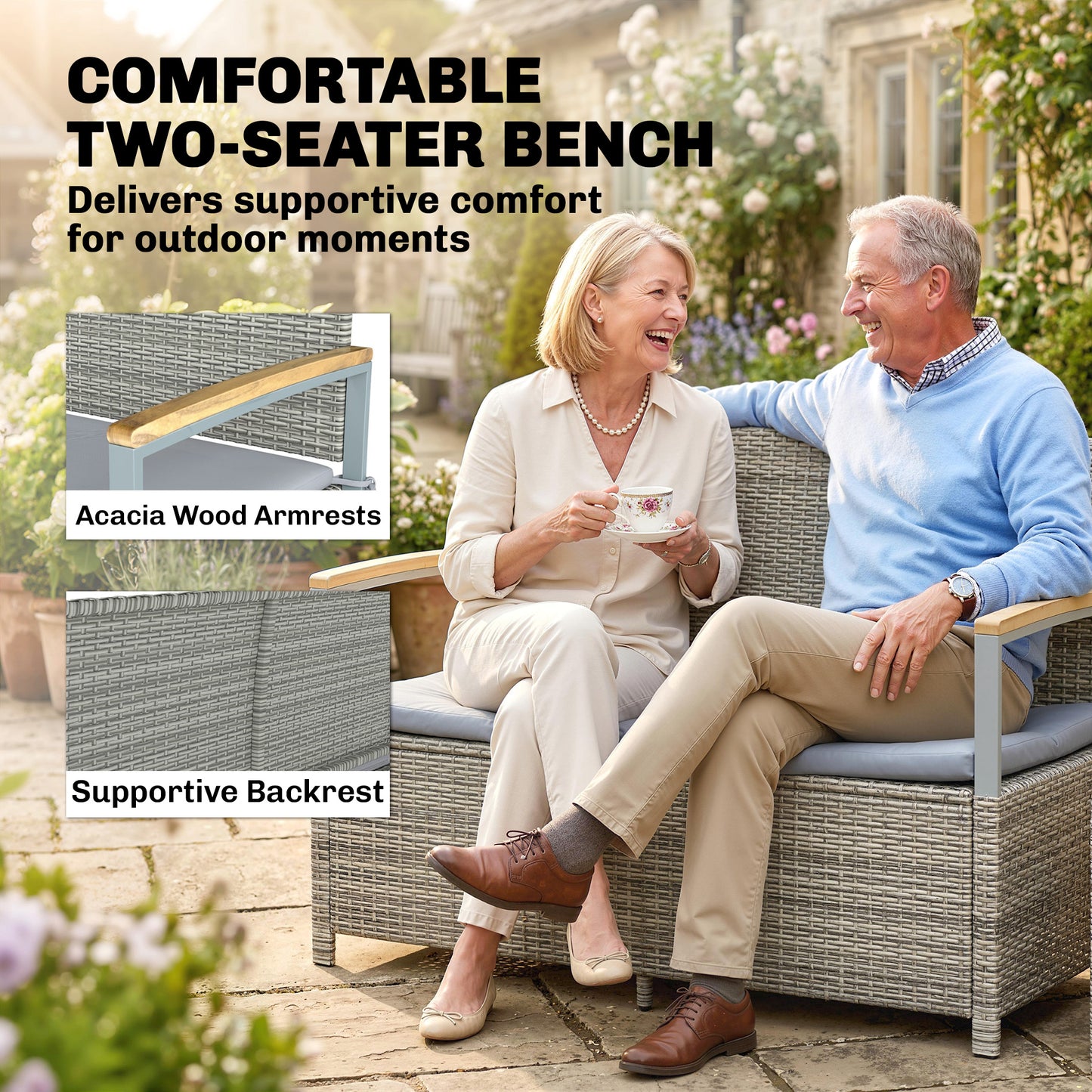170 L Garden Storage Bench with Zipped Liner, 2 Seater PE Rattan Garden Bench with Storage, Gas Strut, Acacia Wood Top Armrests, Cushion, Patio Outdoor Benches Chest Container, Light Grey