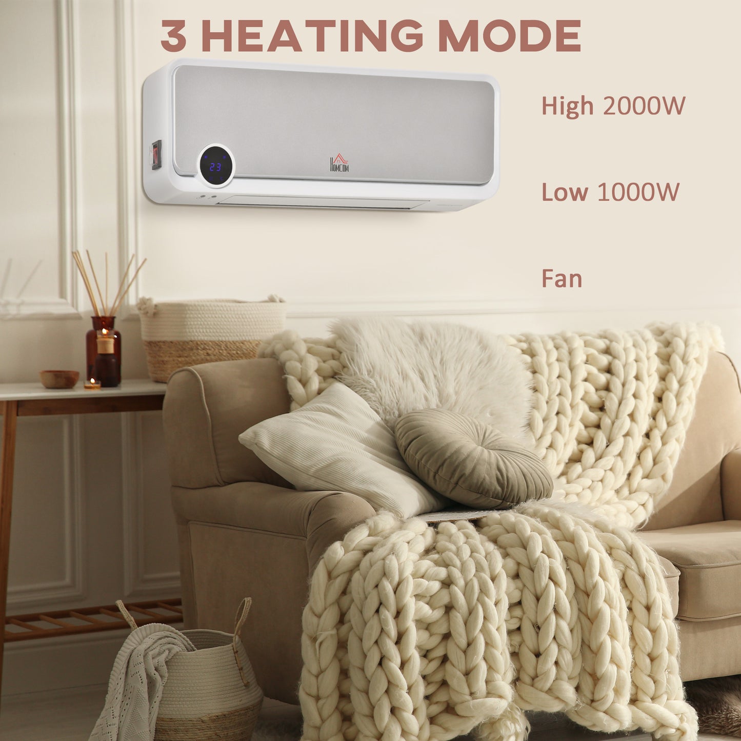 1000W/2000W Wall Downflow Heater 10-49°C Temperature w/ Timer Remote