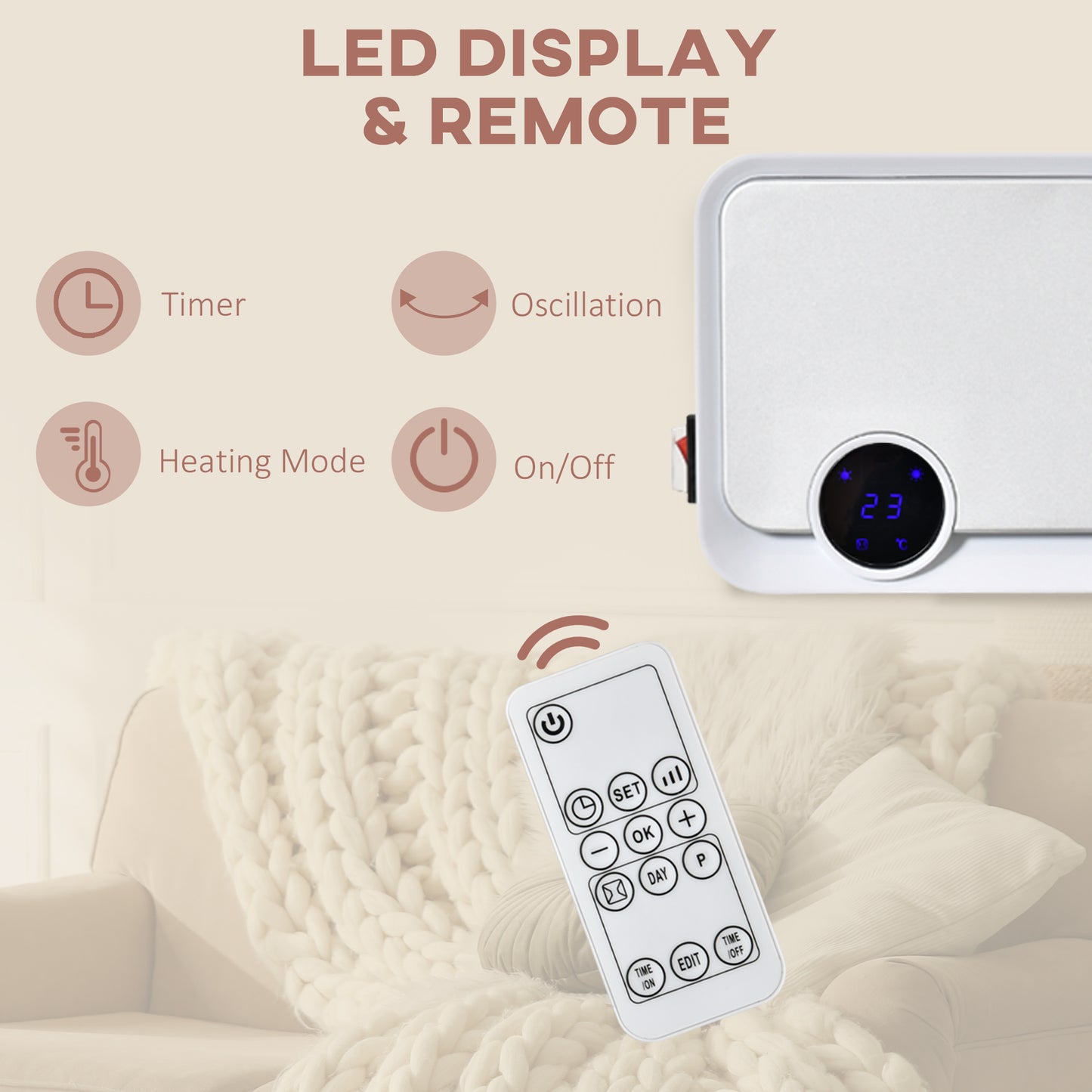 1000W/2000W Wall Downflow Heater 10-49°C Temperature w/ Timer Remote