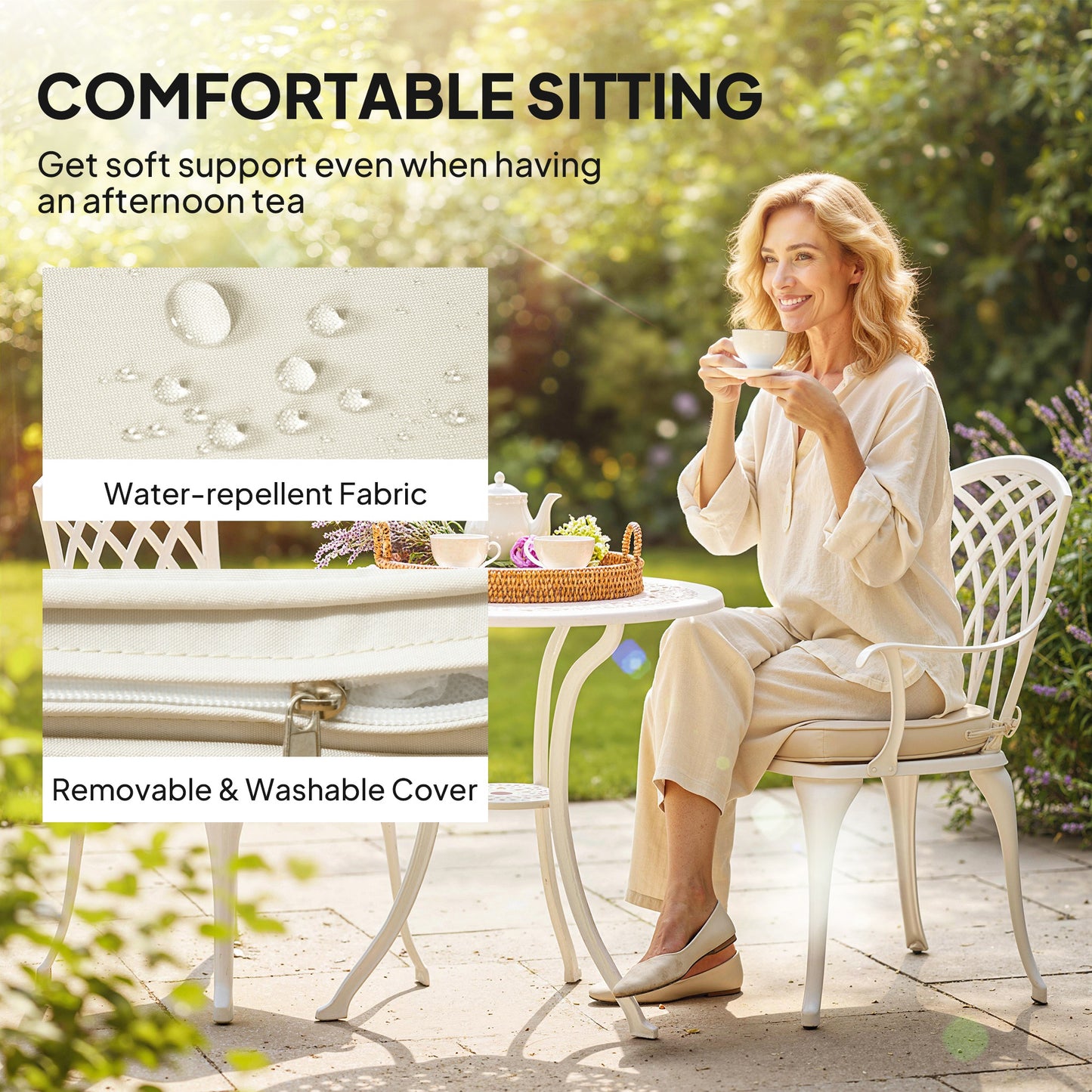 3 PCs Aluminium Garden Coffee Table Set w/ Parasol Hole & Cushions