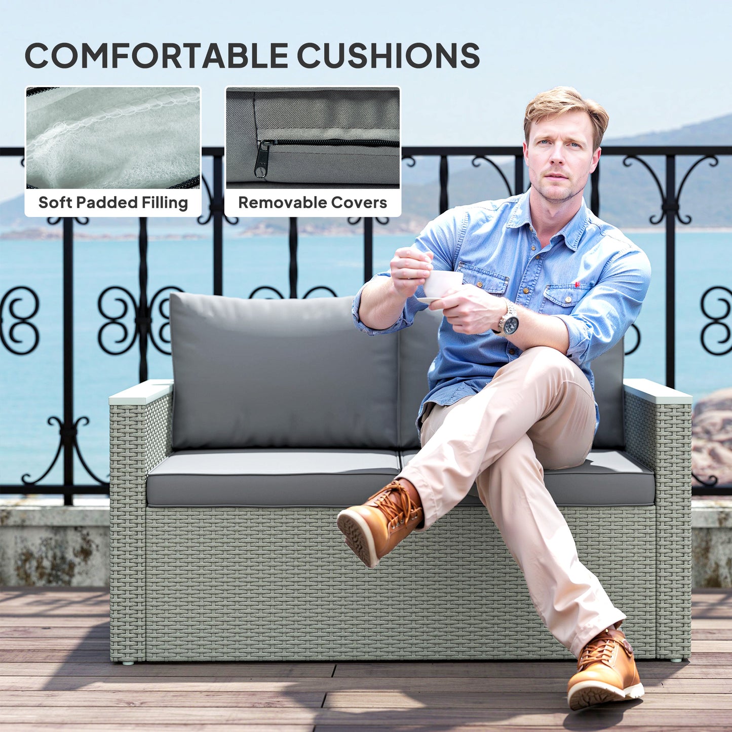 4 Piece Rattan Garden Furniture Set with Cushions, Light Grey